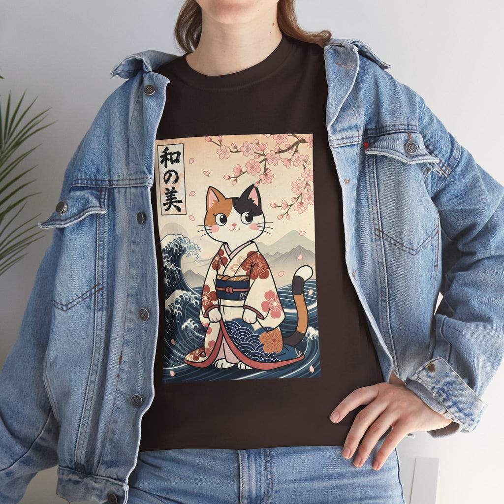 Cat Ukiyo-e T-Shirt — Vintage Japanese Kimono Cat with Cherry Blossoms