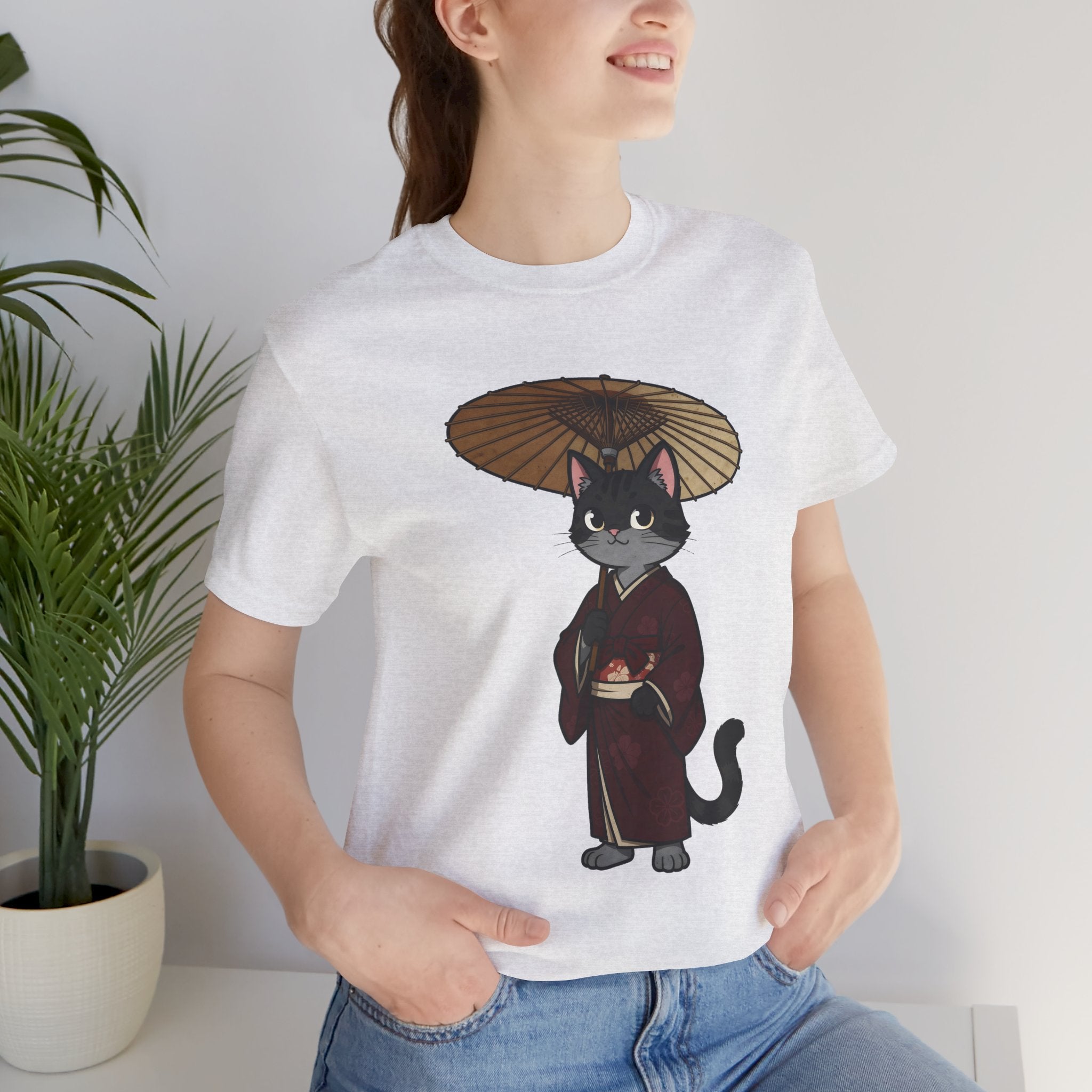 Geisha Cat Tee — Japanese Umbrella Cat Graphic T-Shirt