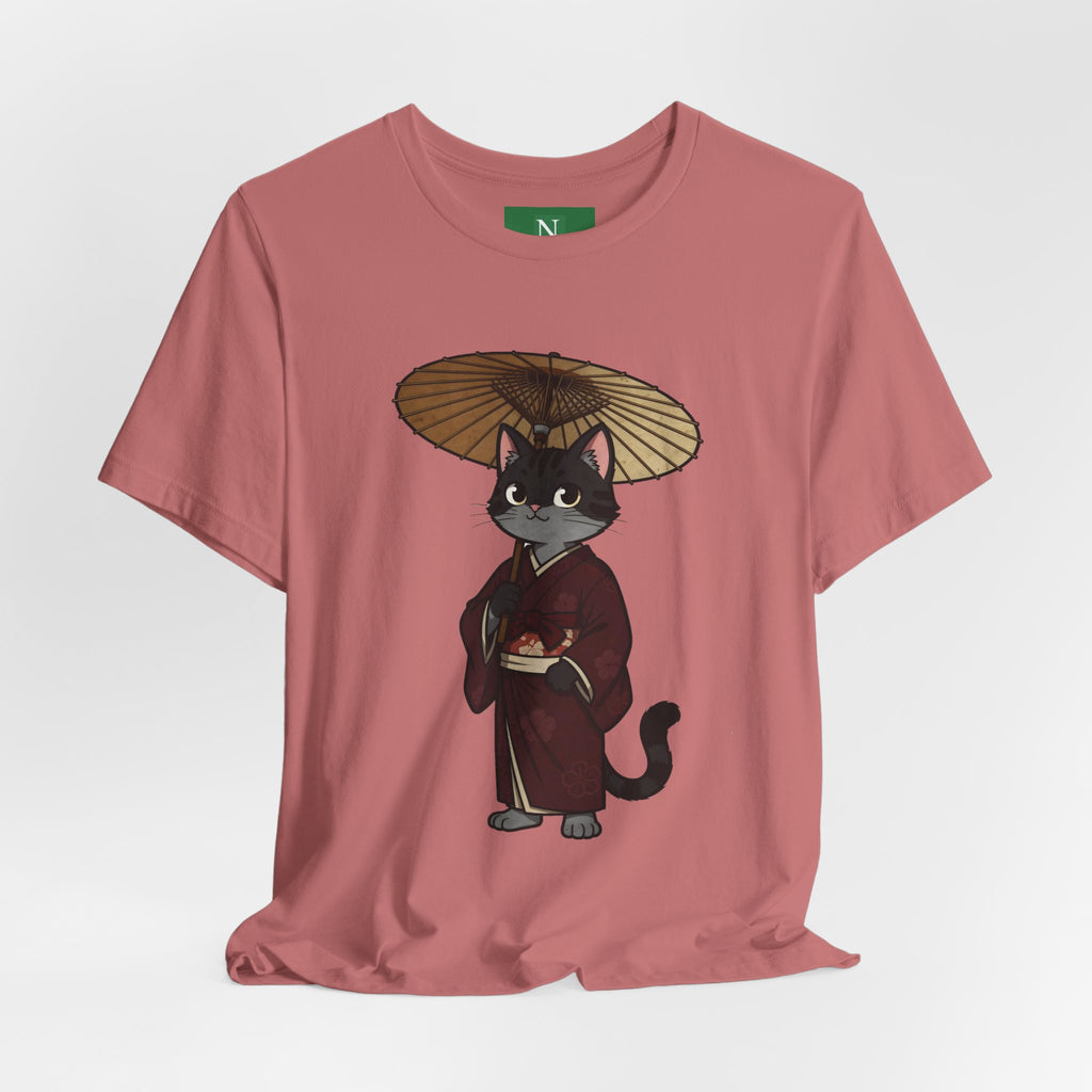 Geisha Cat Tee — Japanese Umbrella Cat Graphic T-Shirt