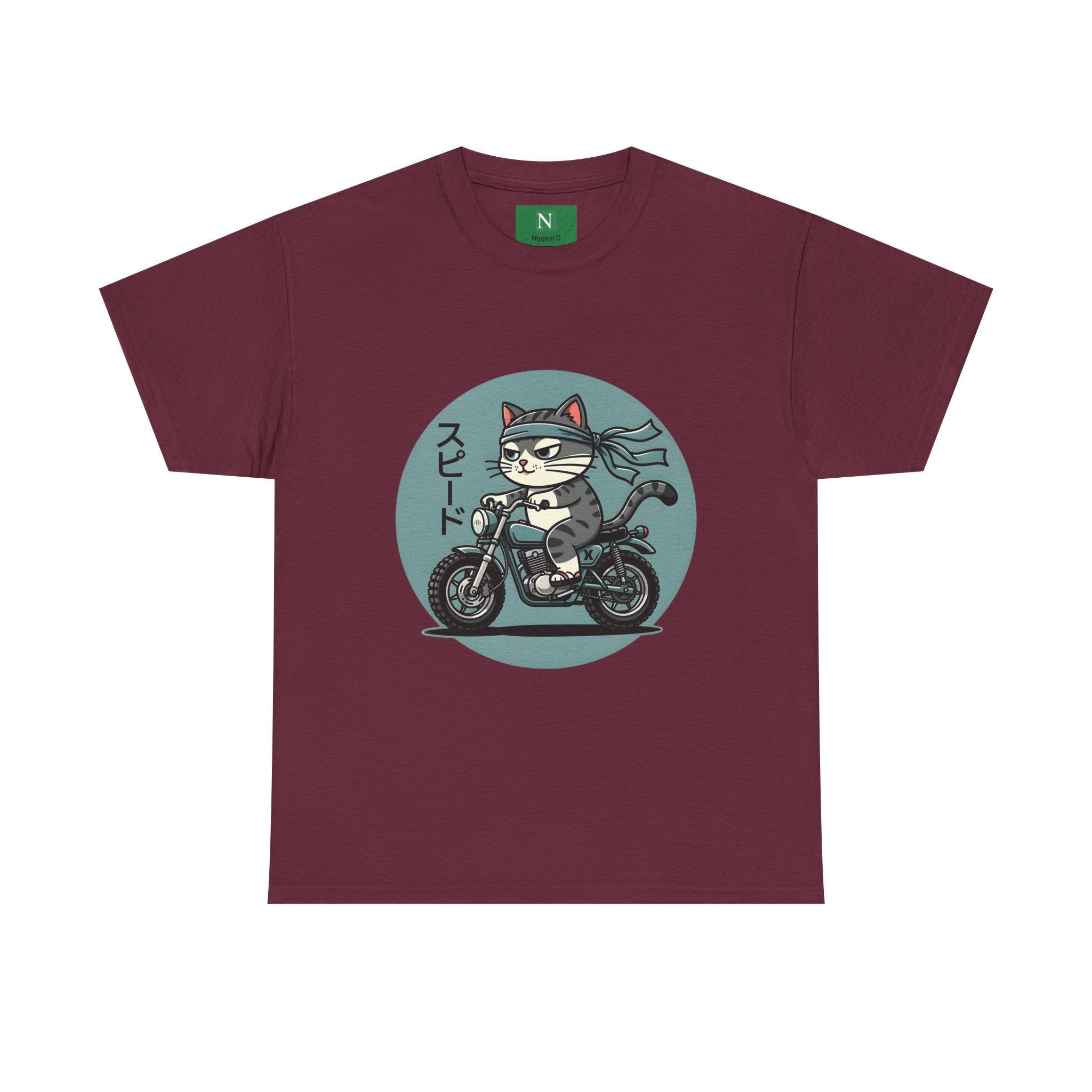 Cat Biker T‑Shirt — Retro Motorcycle Cat with Japanese “Speed” Text