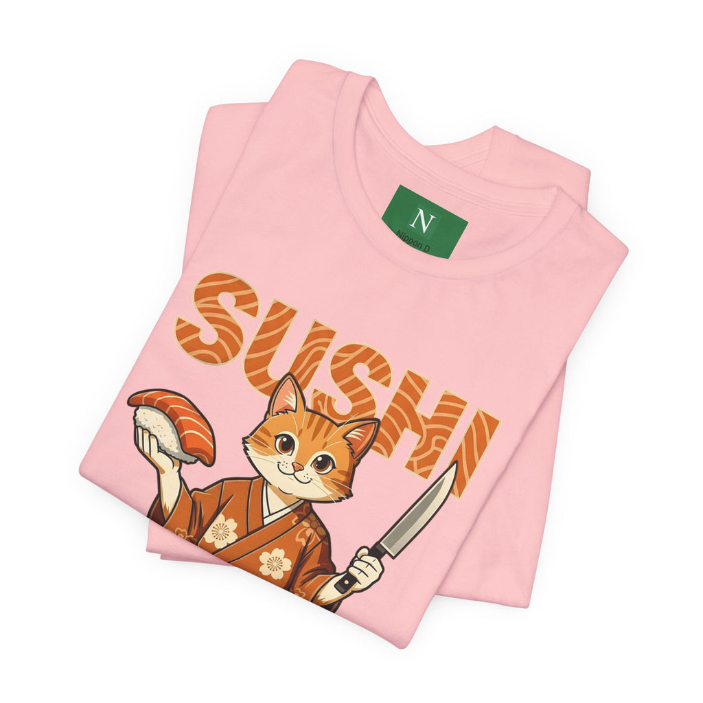 Sushi Cat Graphic Tee — Cute Samurai Cat Holding Sushi & Knife