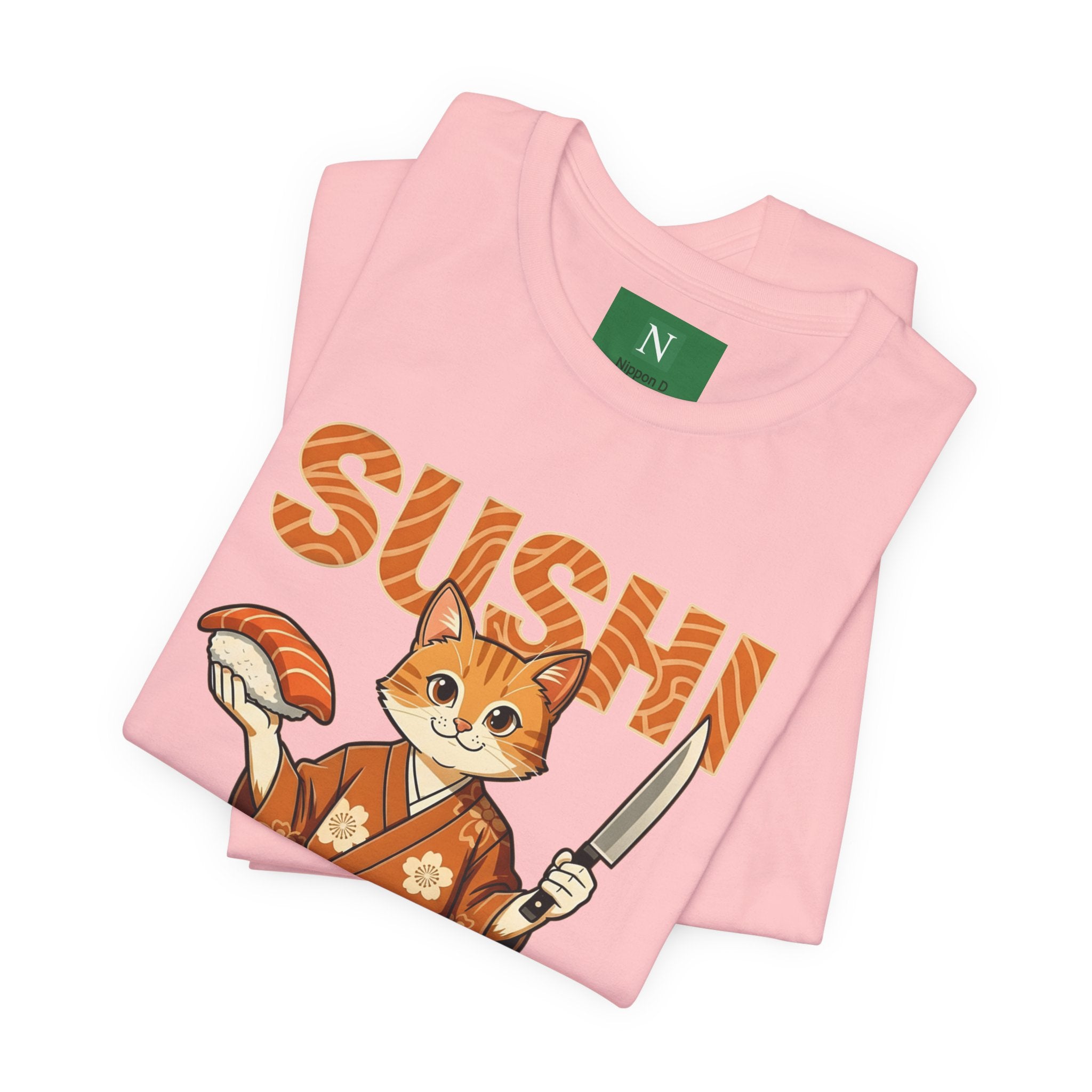 Sushi Cat Graphic Tee — Cute Samurai Cat Holding Sushi & Knife