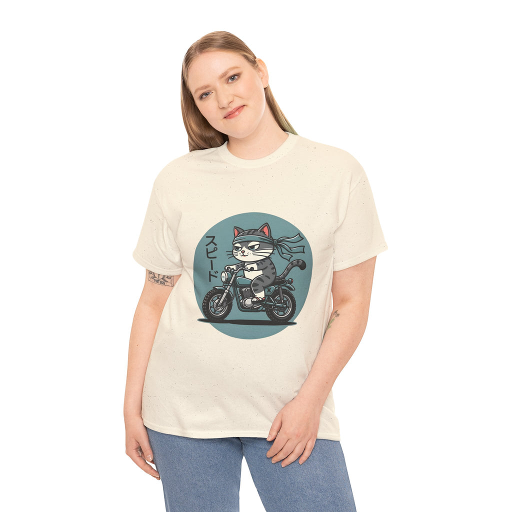 Cat Biker T‑Shirt — Retro Motorcycle Cat with Japanese “Speed” Text