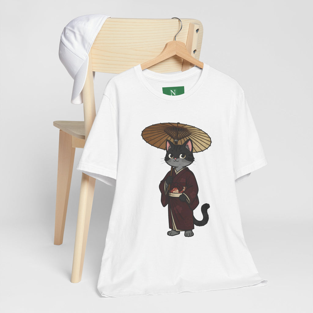 Geisha Cat Tee — Japanese Umbrella Cat Graphic T-Shirt