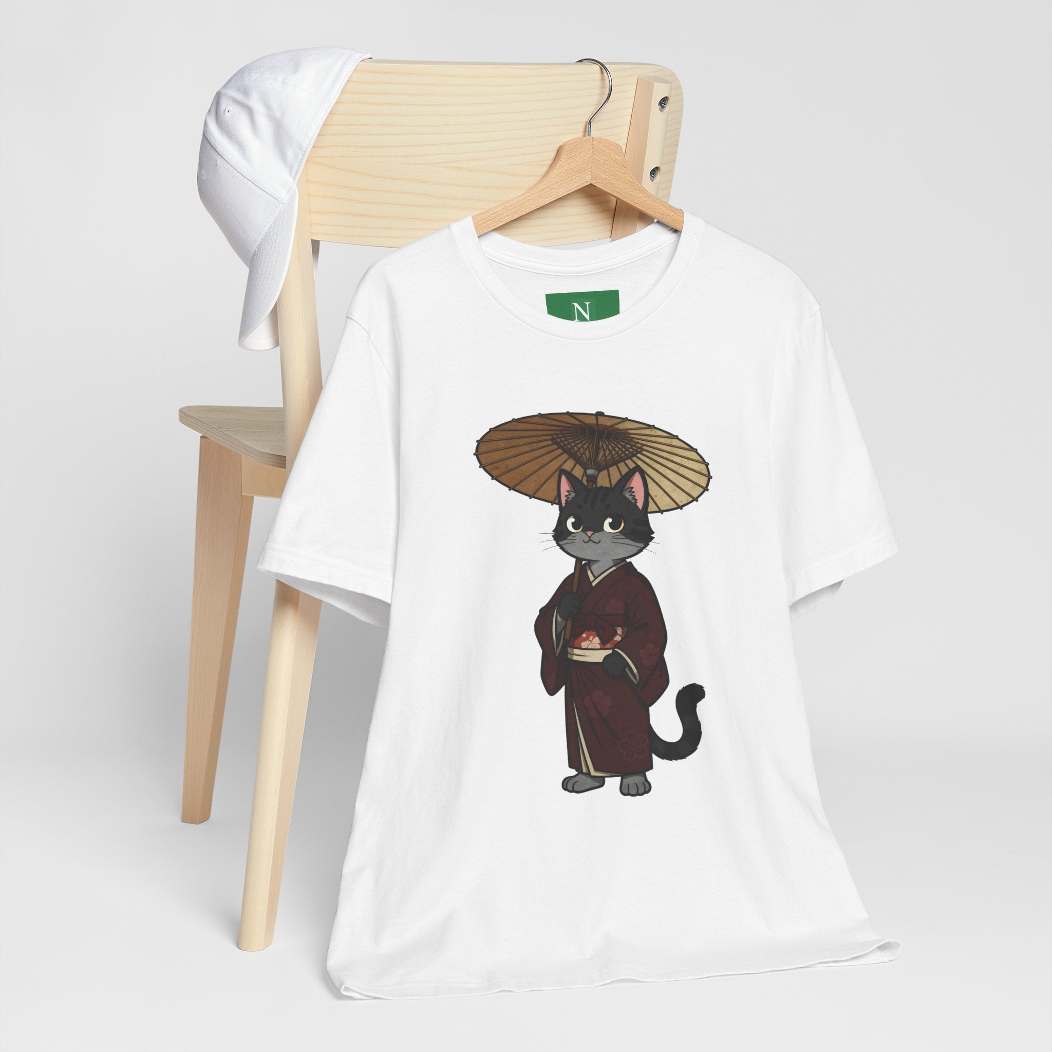 Geisha Cat Tee — Japanese Umbrella Cat Graphic T-Shirt