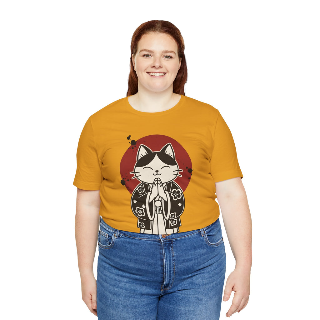 Samurai Cat T‑Shirt — Cute Praying Cat with Red Sun Graphic