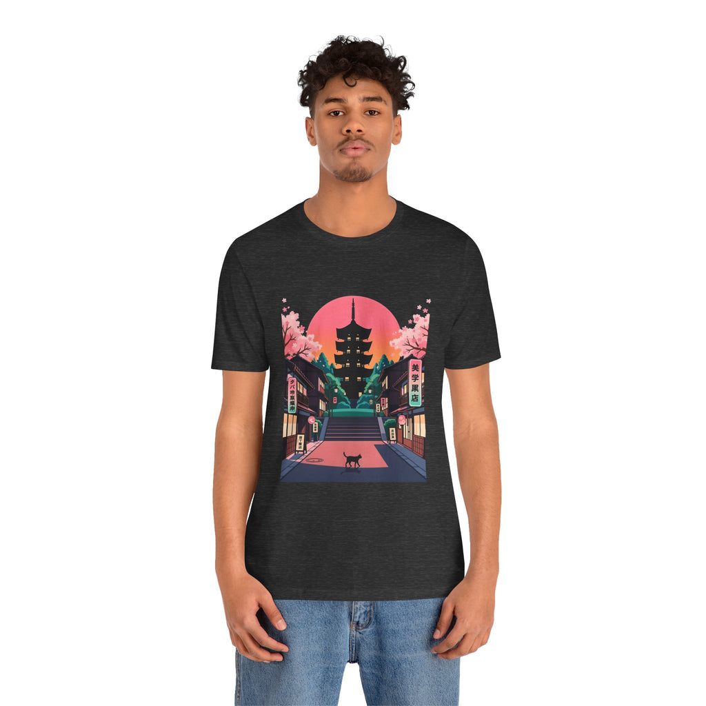 Japanese Pagoda Sunset Tee — Sakura Street Cat Graphic T-Shirt