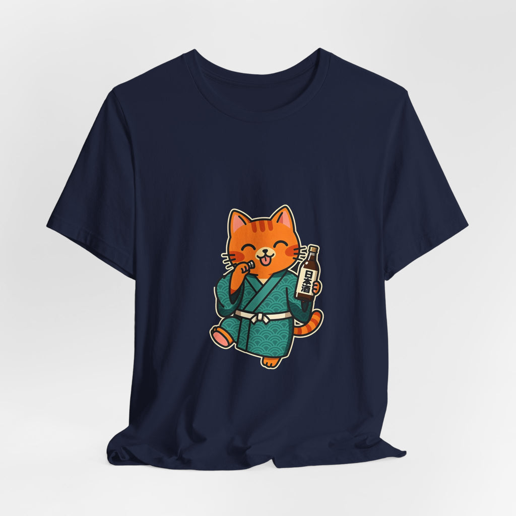 Sake Cat Tee — Cute Orange Cat in Kimono Drinking Sake T-Shirt