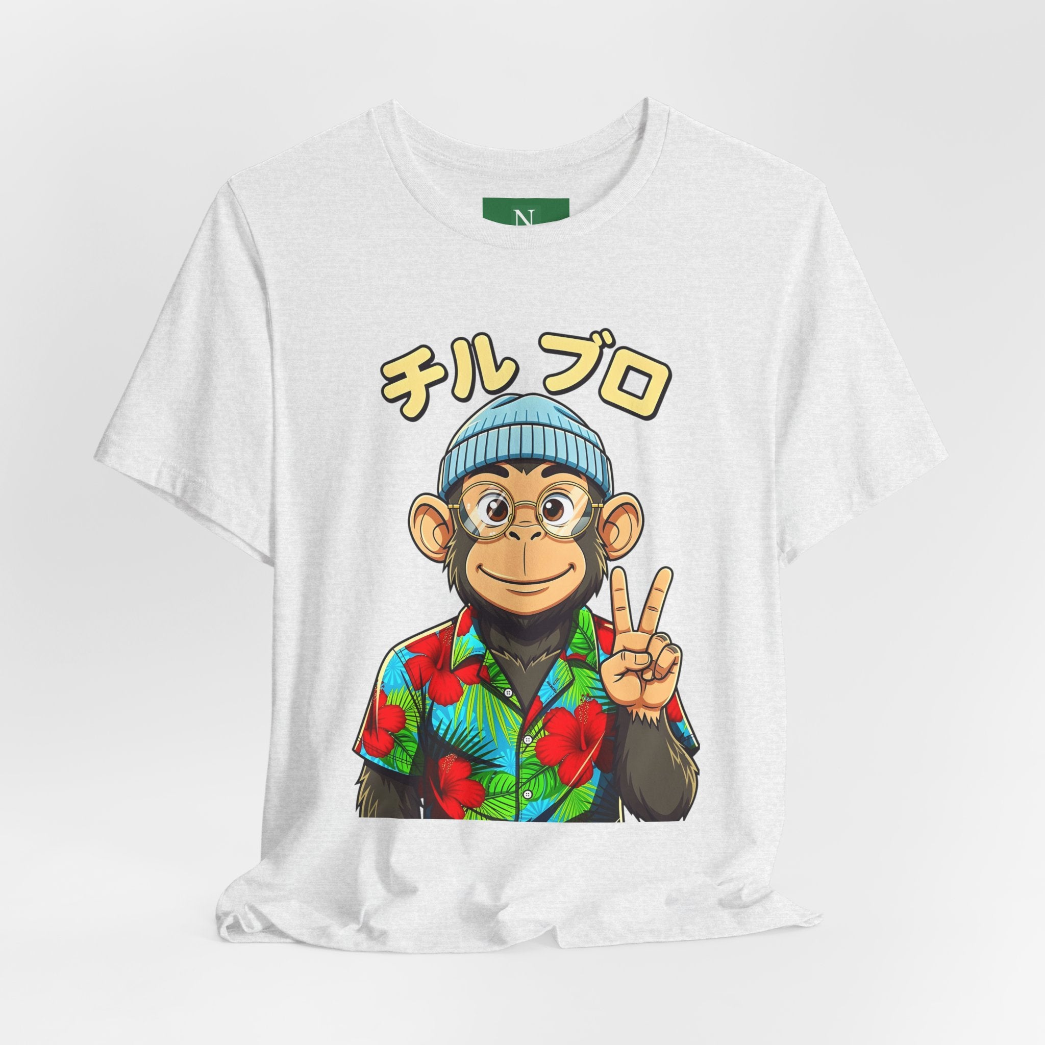 Monkey Peace Sign Tee — Hawaiian Shirt Chimp Graphic with Japanese Text