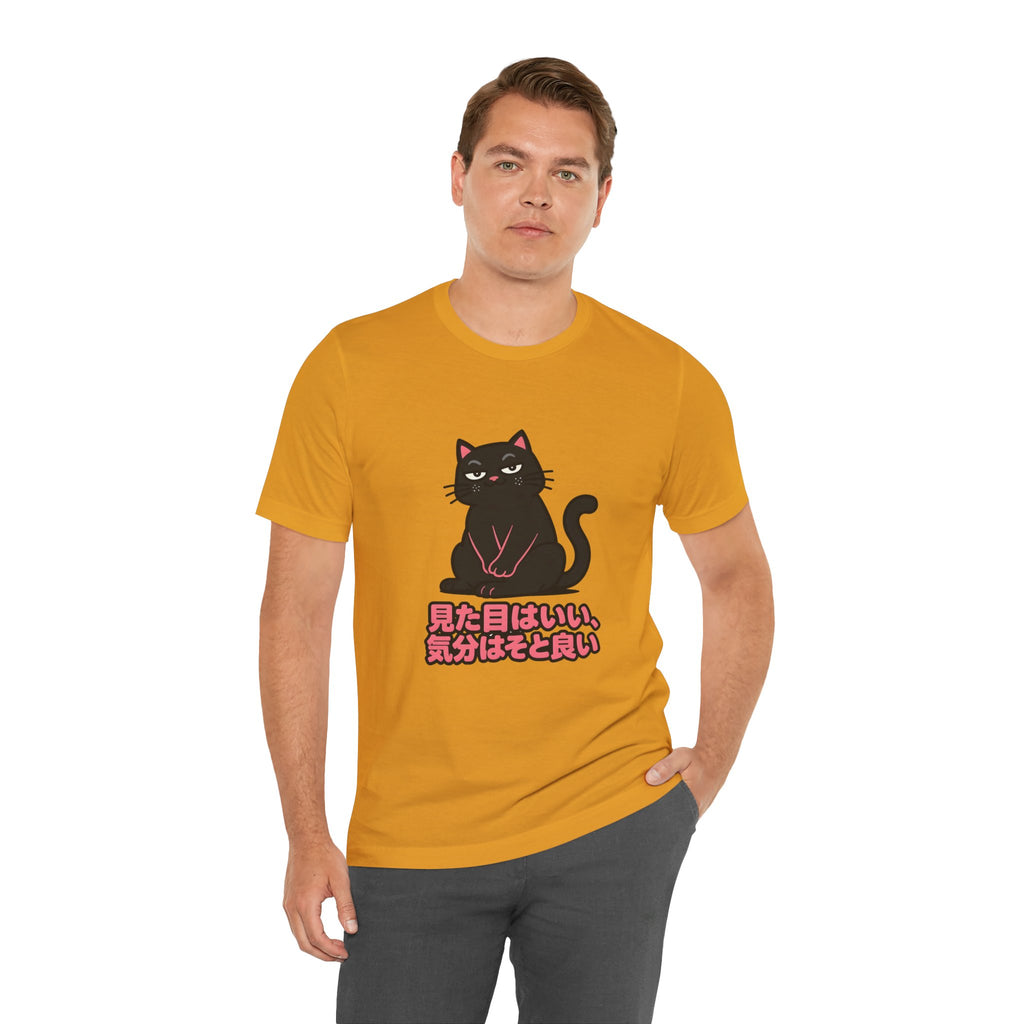 Black Cat Tee with Japanese Text — 'Mita Me wa Ii, Kimochi wa Sore Ijo' Cute Kawaii Graphic T-Shirt