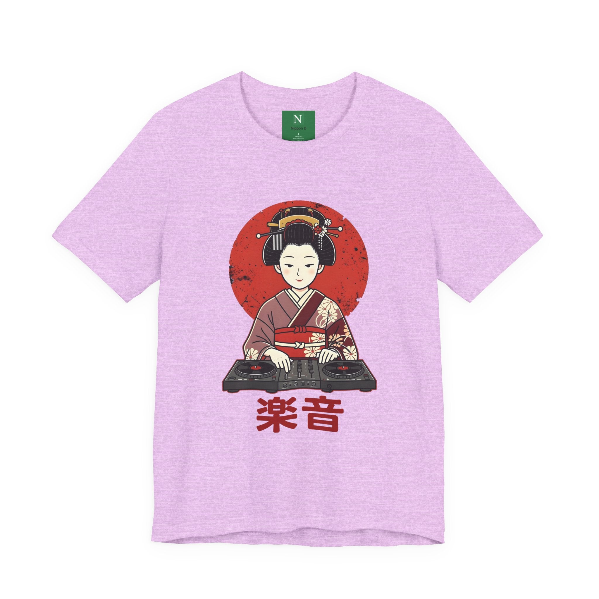 Geisha DJ T-Shirt — Japanese Vinyl Turntable Tee with '楽音' (Music) Design