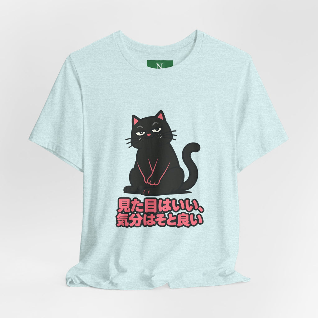 Black Cat Tee with Japanese Text — 'Mita Me wa Ii, Kimochi wa Sore Ijo' Cute Kawaii Graphic T-Shirt