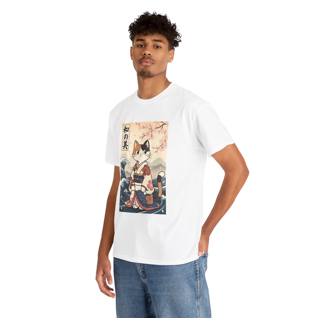 Cat Ukiyo-e T-Shirt — Vintage Japanese Kimono Cat with Cherry Blossoms