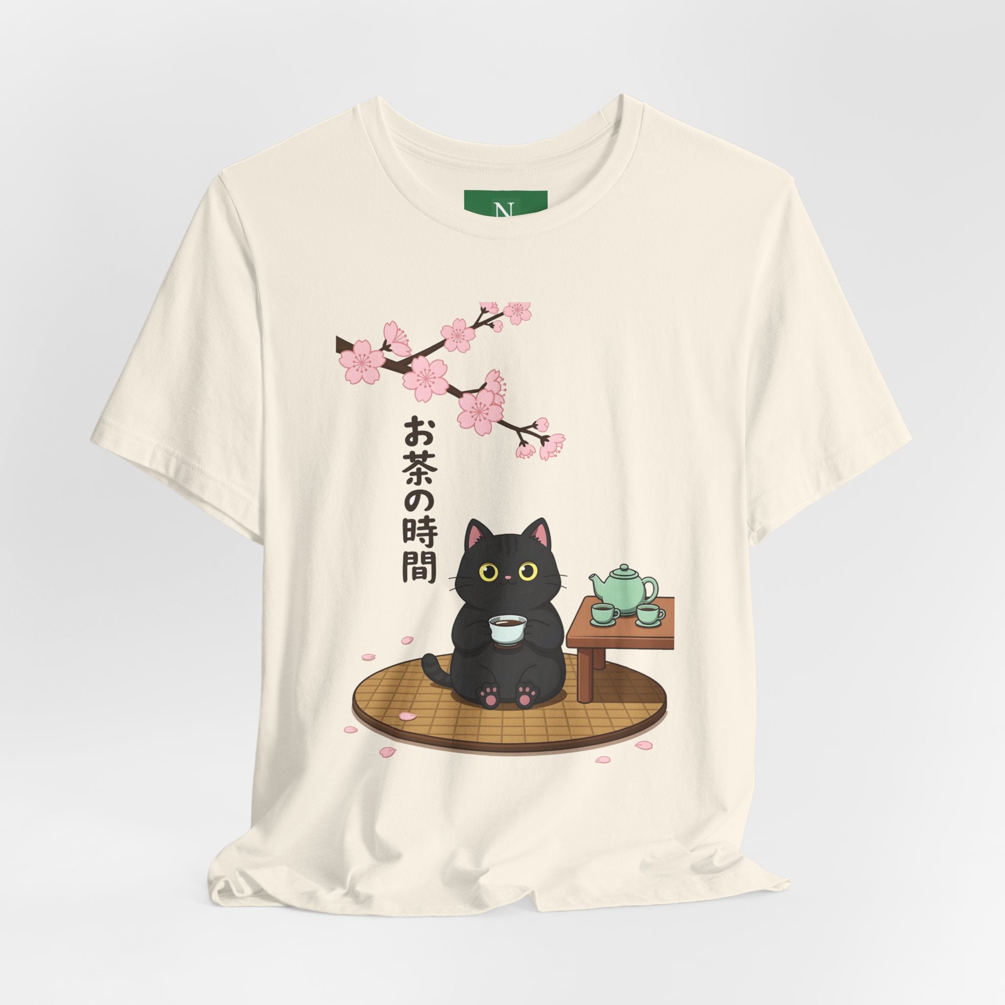 Cat Tea Time T-Shirt — Kawaii Black Cat with Sakura and Teapot