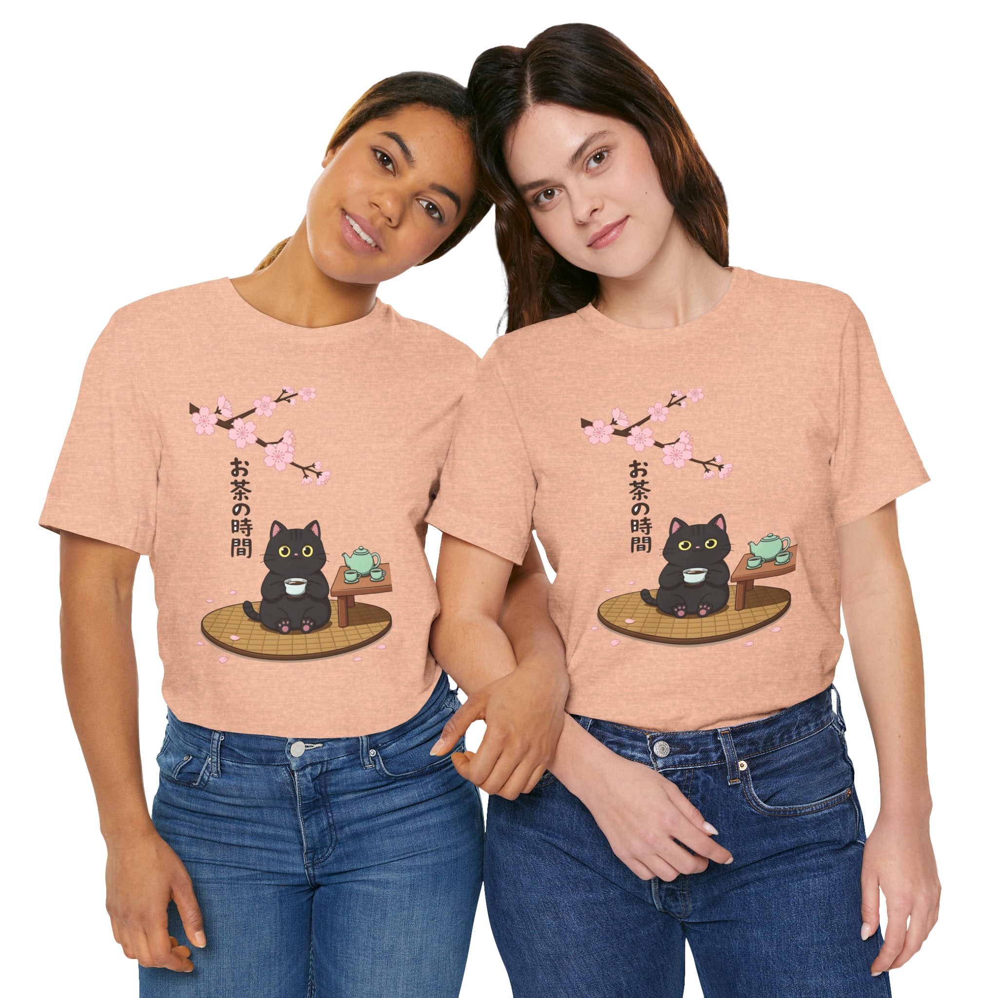 Cat Tea Time T-Shirt — Kawaii Black Cat with Sakura and Teapot