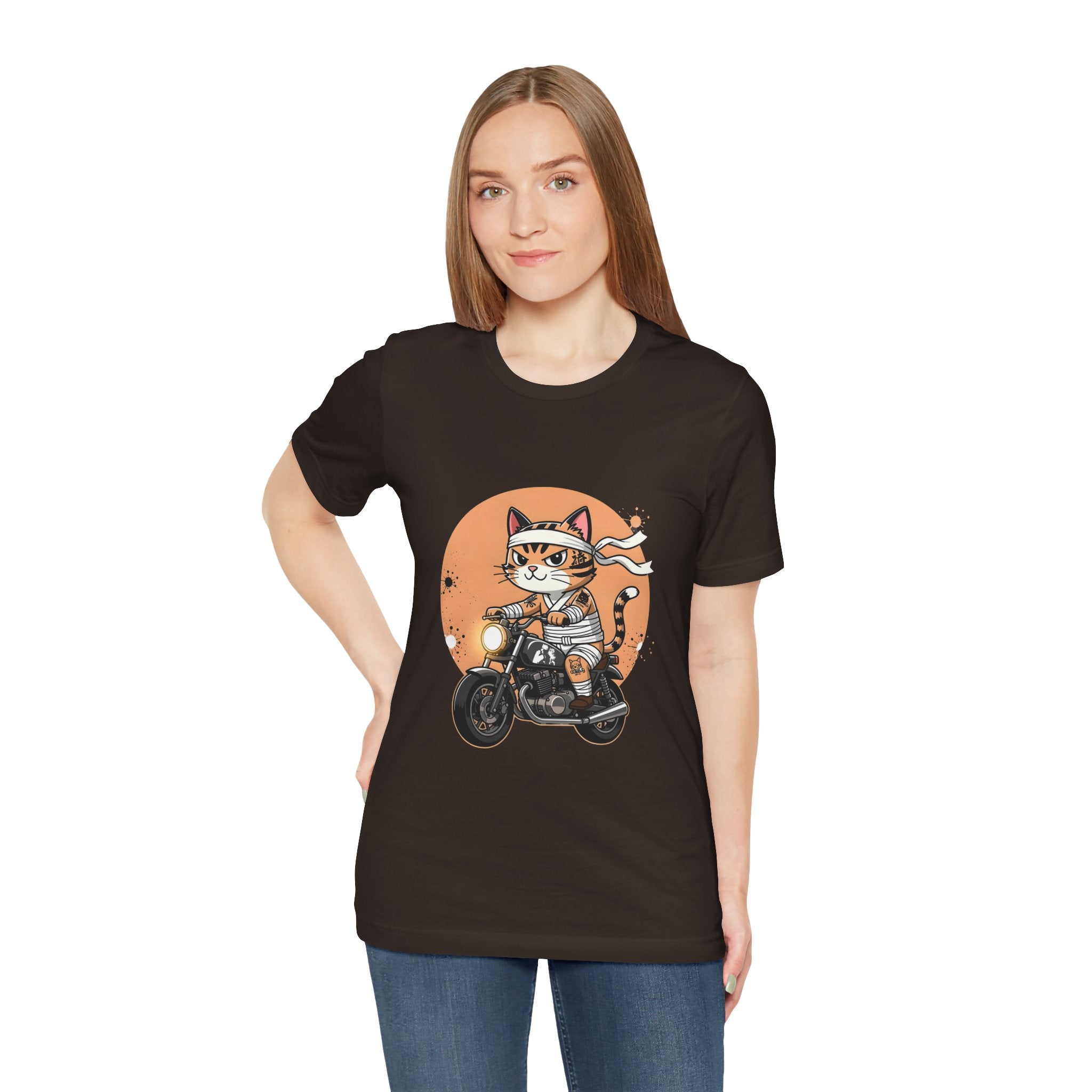 Retro Biker Cat T‑Shirt — Cute Motorcycle Cat Graphic Tee