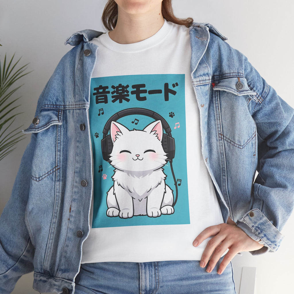 Music Mode Cat T-Shirt — Cute Headphone Kitten Tee (Japanese Text)