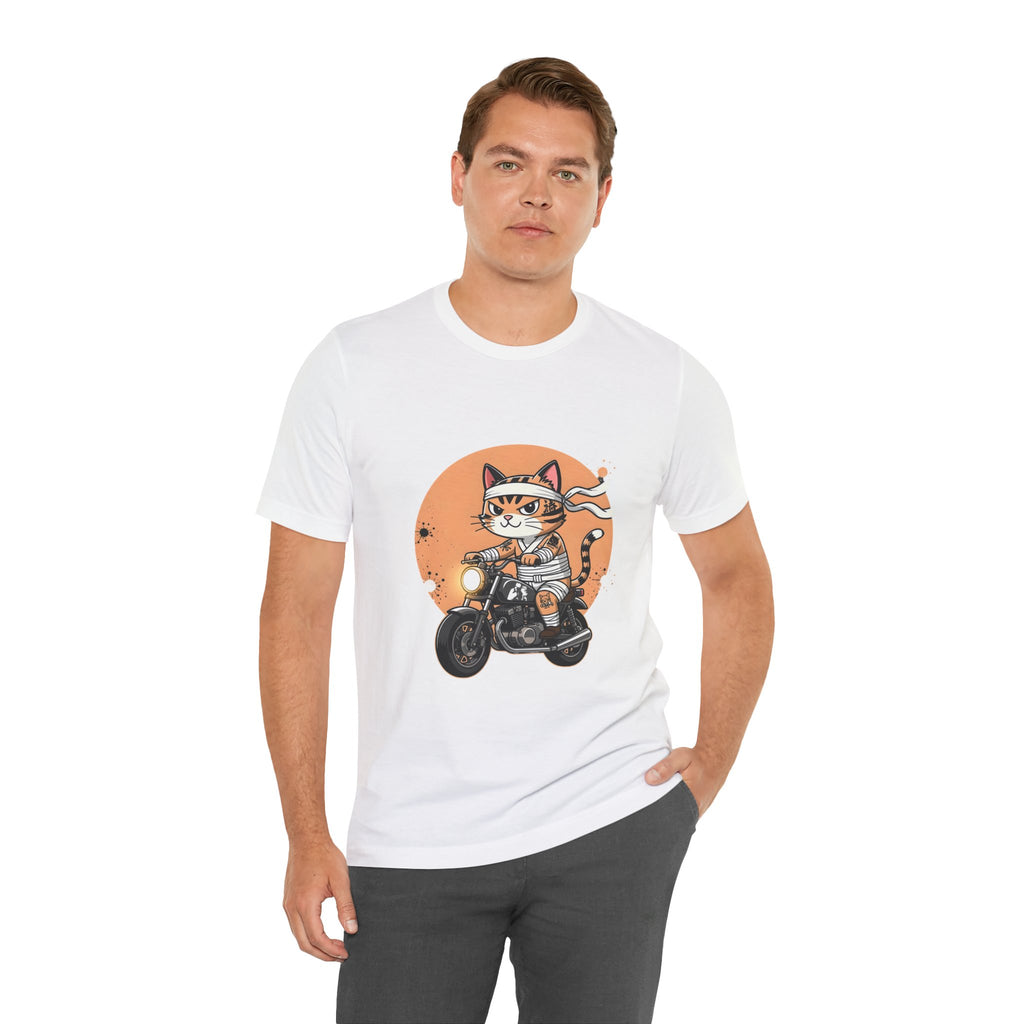 Retro Biker Cat T‑Shirt — Cute Motorcycle Cat Graphic Tee