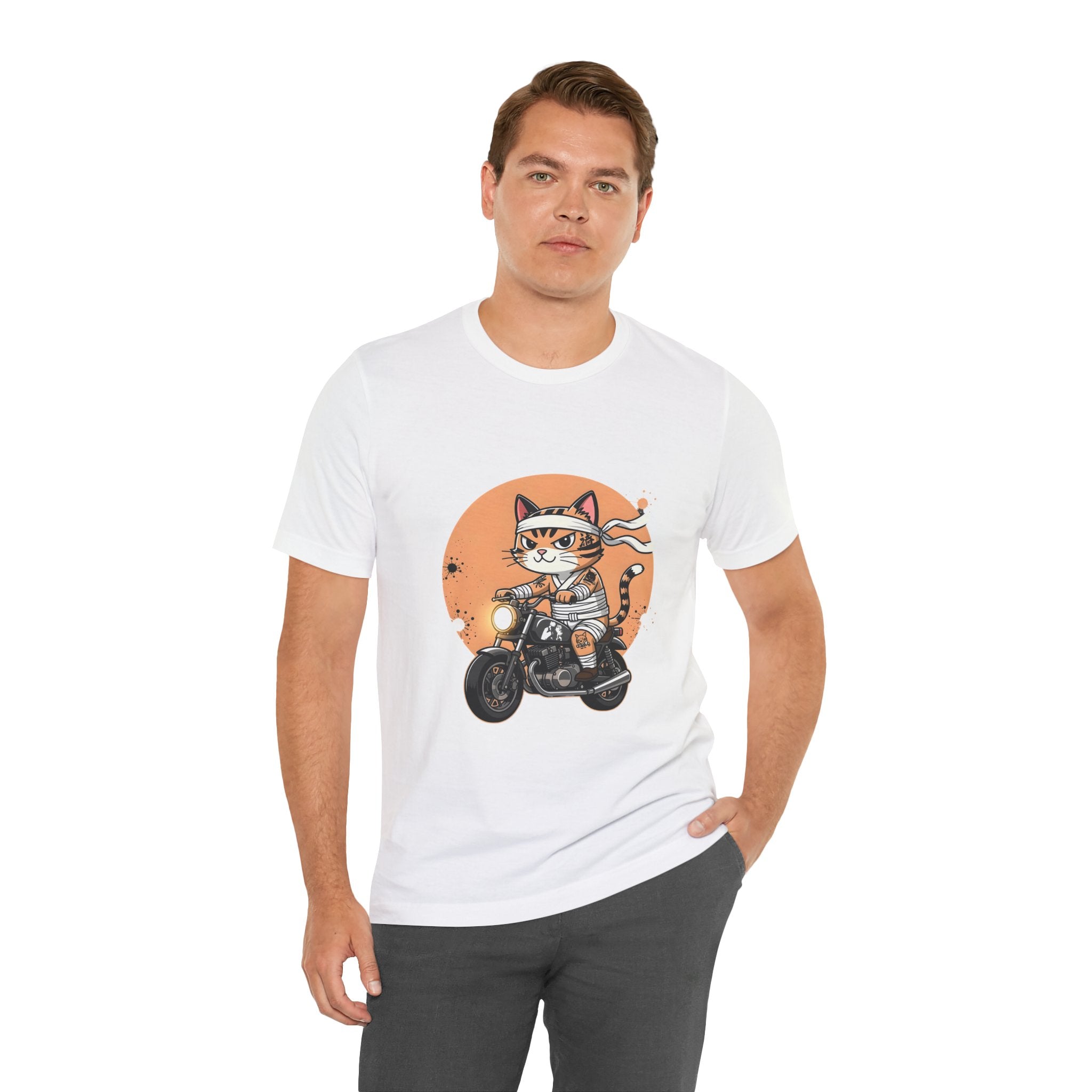 Retro Biker Cat T‑Shirt — Cute Motorcycle Cat Graphic Tee