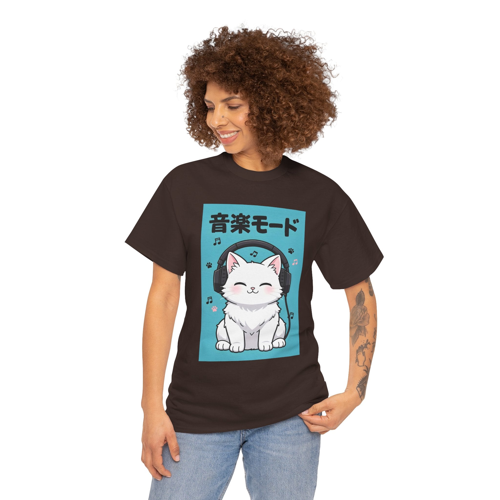 Music Mode Cat T-Shirt — Cute Headphone Kitten Tee (Japanese Text)