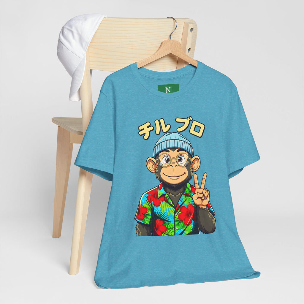 Monkey Peace Sign Tee — Hawaiian Shirt Chimp Graphic with Japanese Text