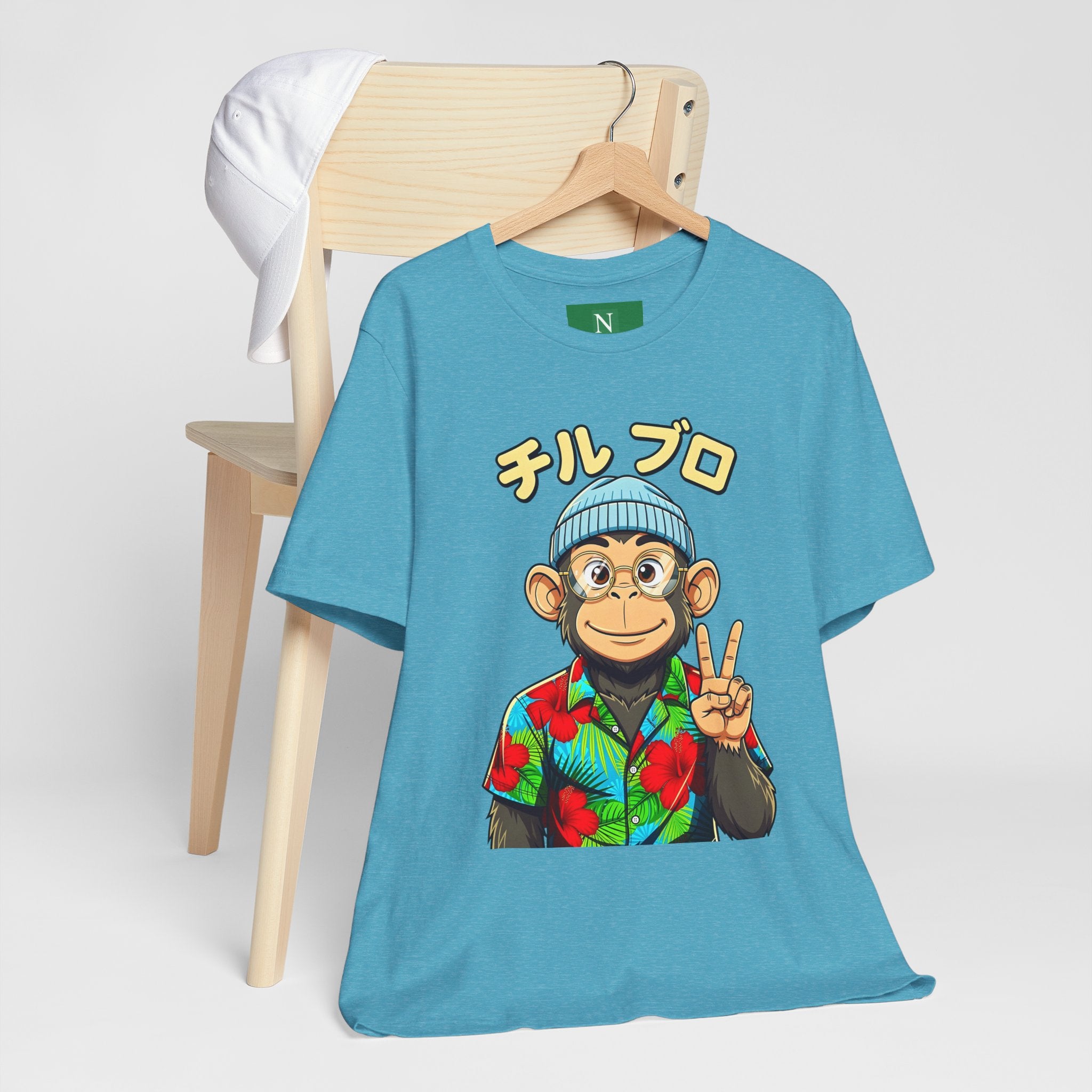 Monkey Peace Sign Tee — Hawaiian Shirt Chimp Graphic with Japanese Text