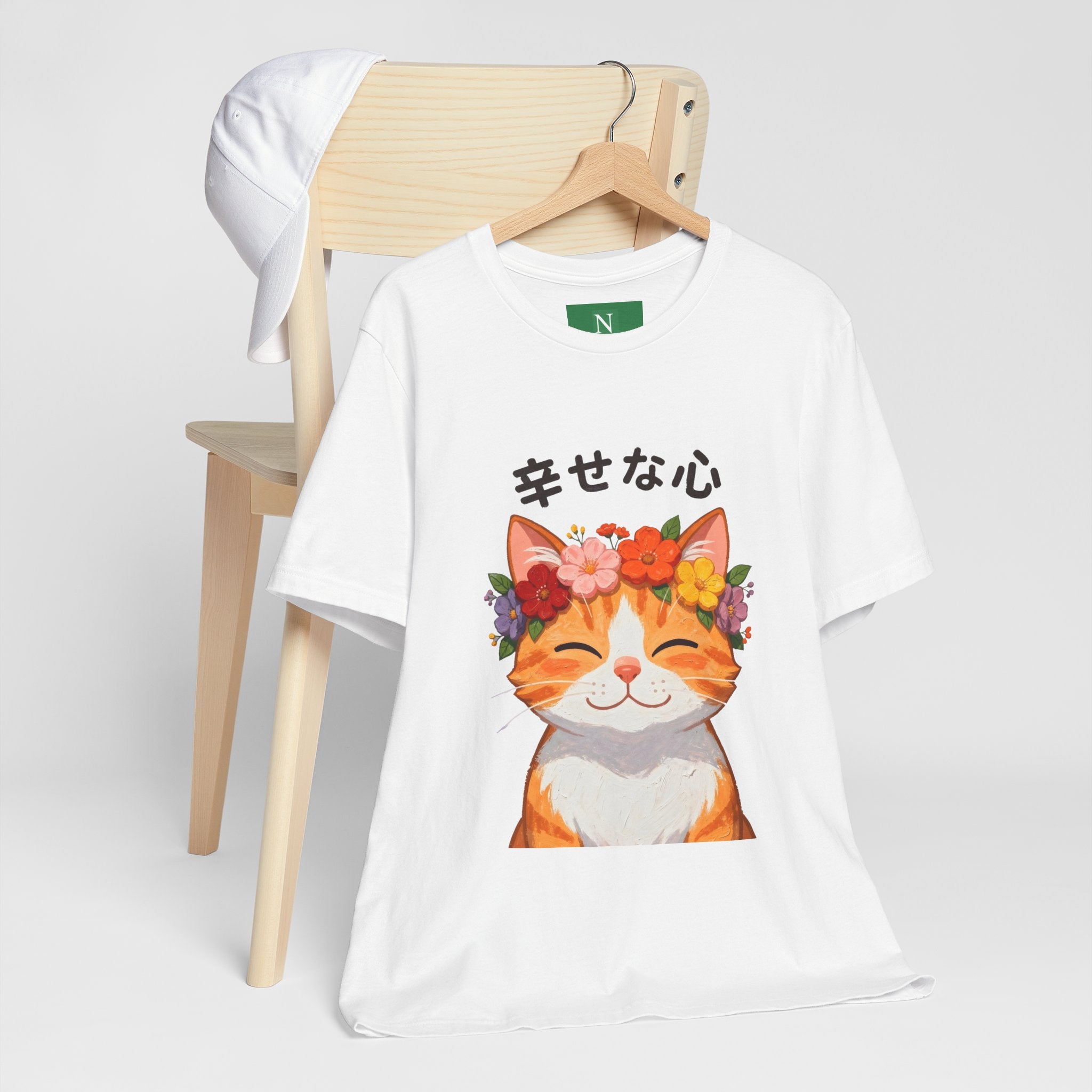 Happy Cat T-Shirt — Smiling Ginger Cat with Flower Crown (Japanese “幸せな心”)