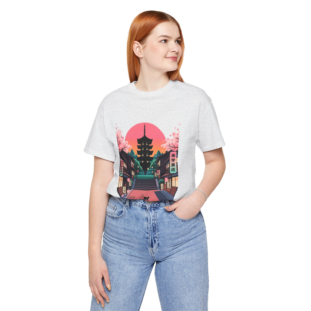 Japanese Pagoda Sunset Tee — Sakura Street Cat Graphic T-Shirt