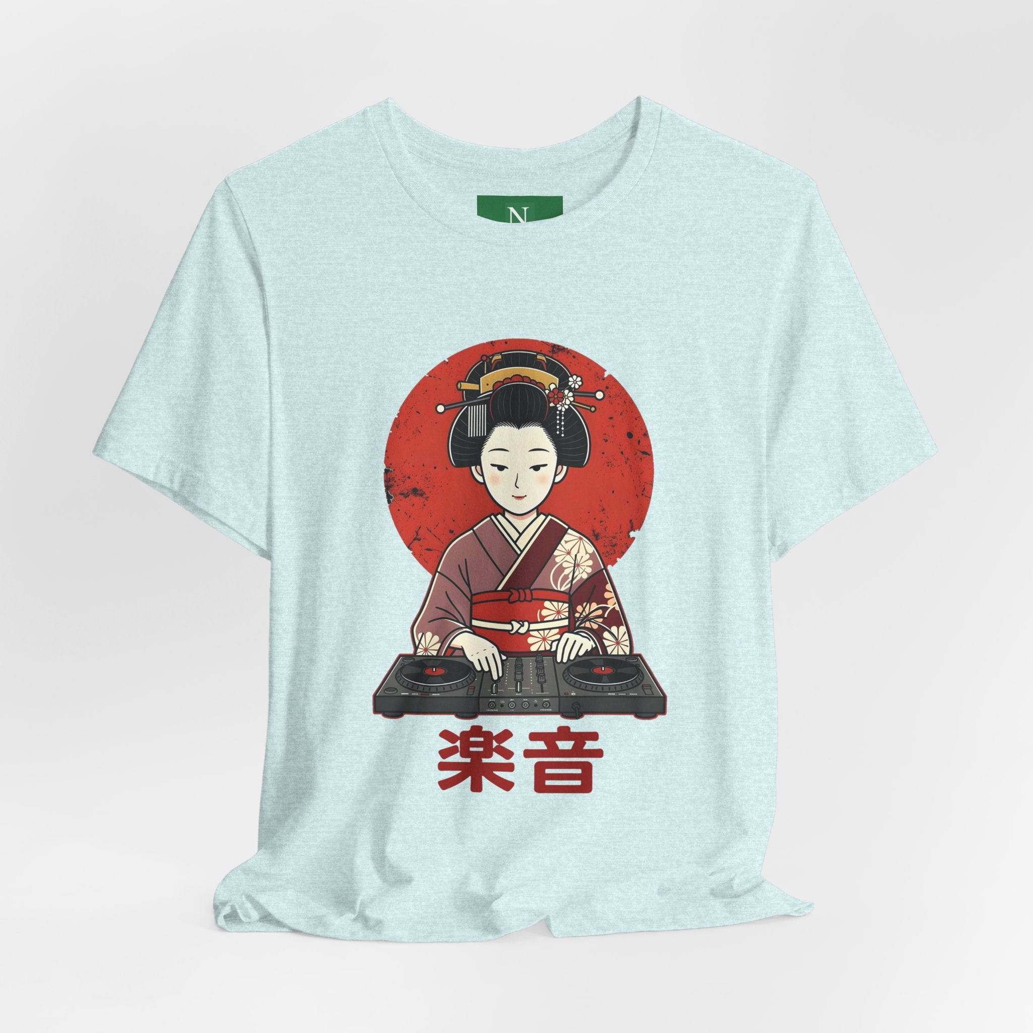 Geisha DJ T-Shirt — Japanese Vinyl Turntable Tee with '楽音' (Music) Design