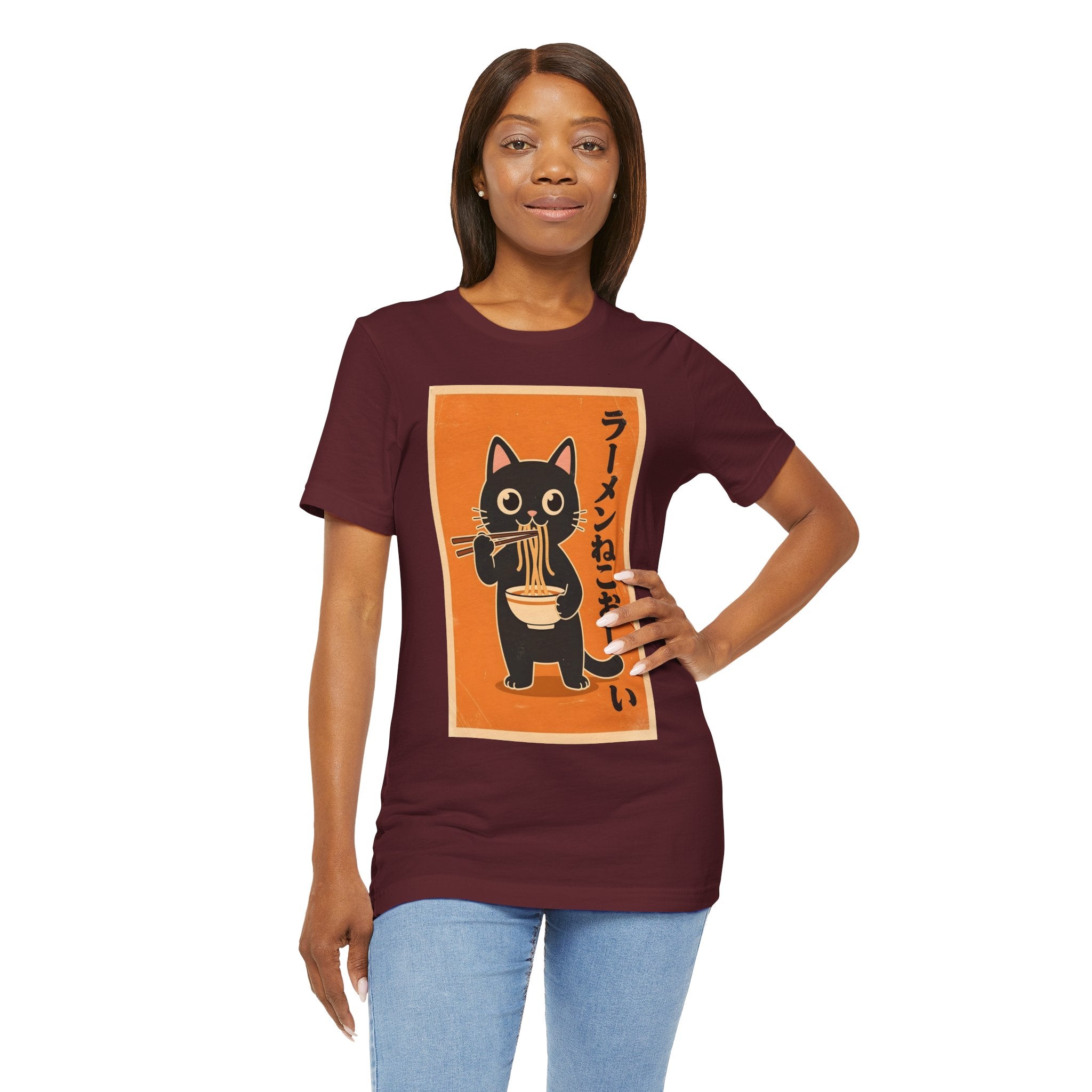 Ramen Cat Graphic Tee — Cute Black Cat Eating Ramen Japanese Text Shirt