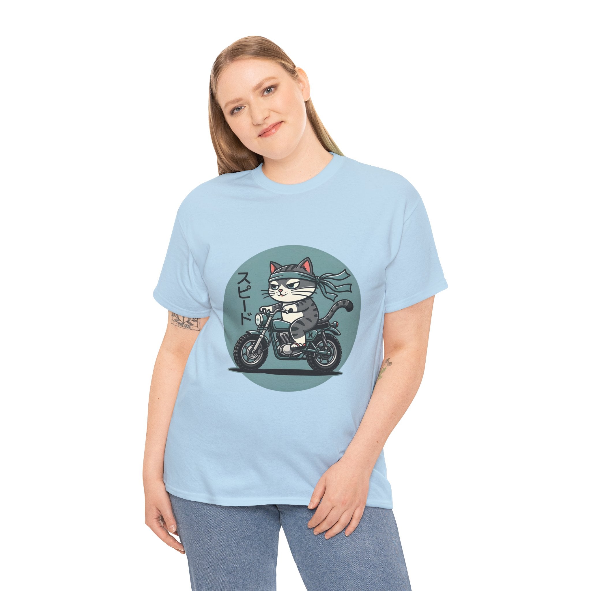 Cat Biker T‑Shirt — Retro Motorcycle Cat with Japanese “Speed” Text