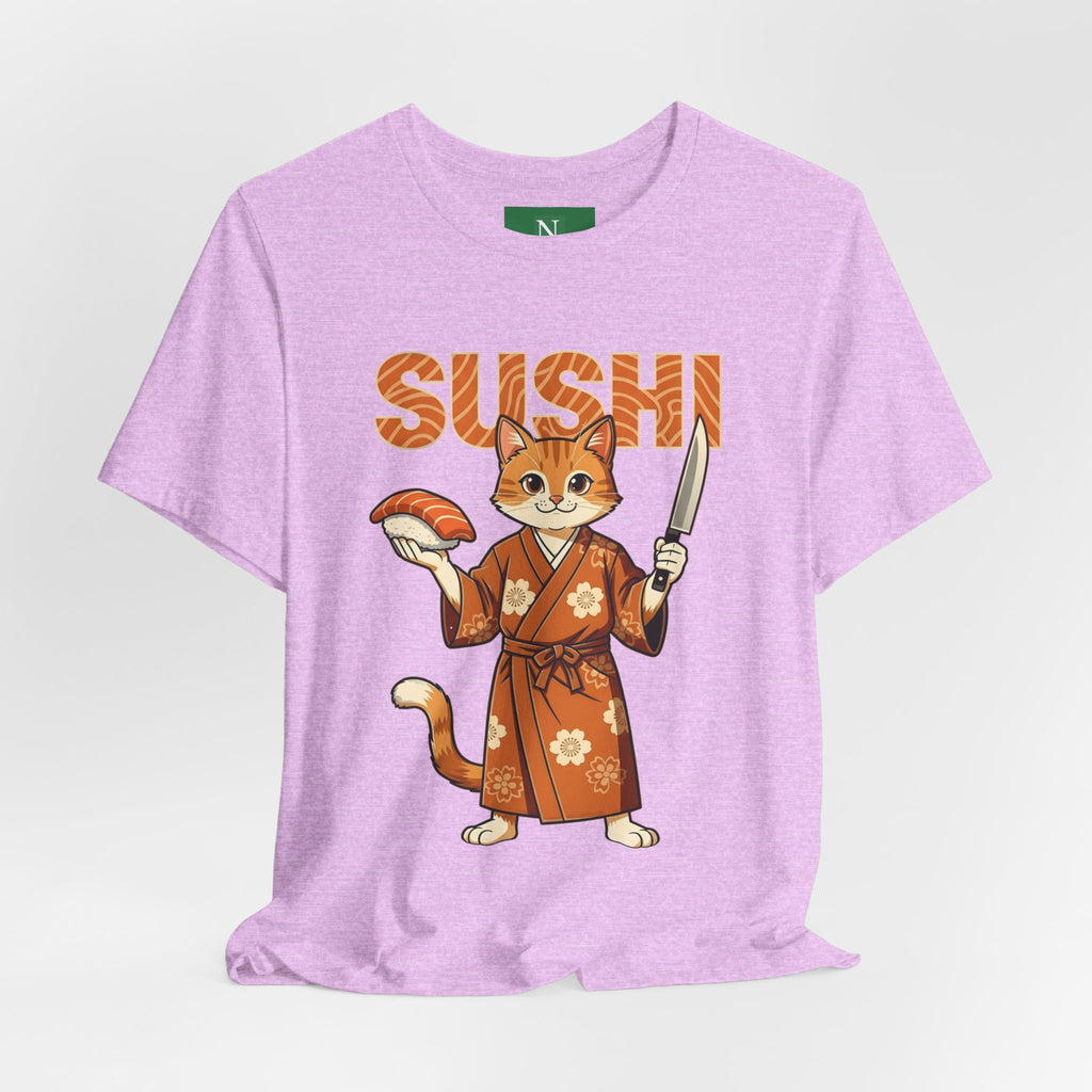 Sushi Cat Graphic Tee — Cute Samurai Cat Holding Sushi & Knife
