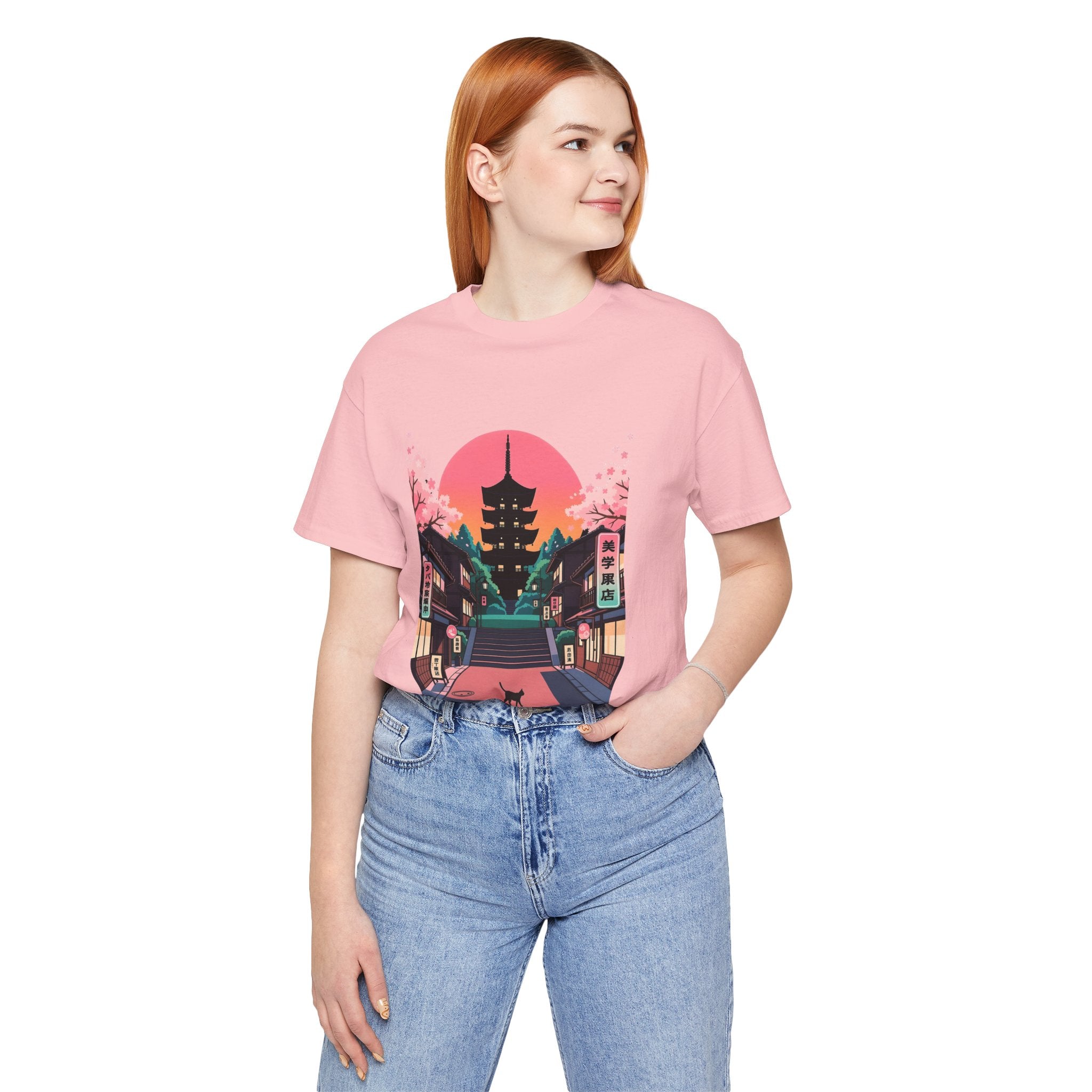 Japanese Pagoda Sunset Tee — Sakura Street Cat Graphic T-Shirt