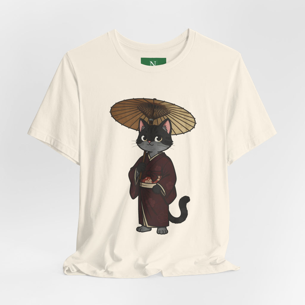 Geisha Cat Tee — Japanese Umbrella Cat Graphic T-Shirt