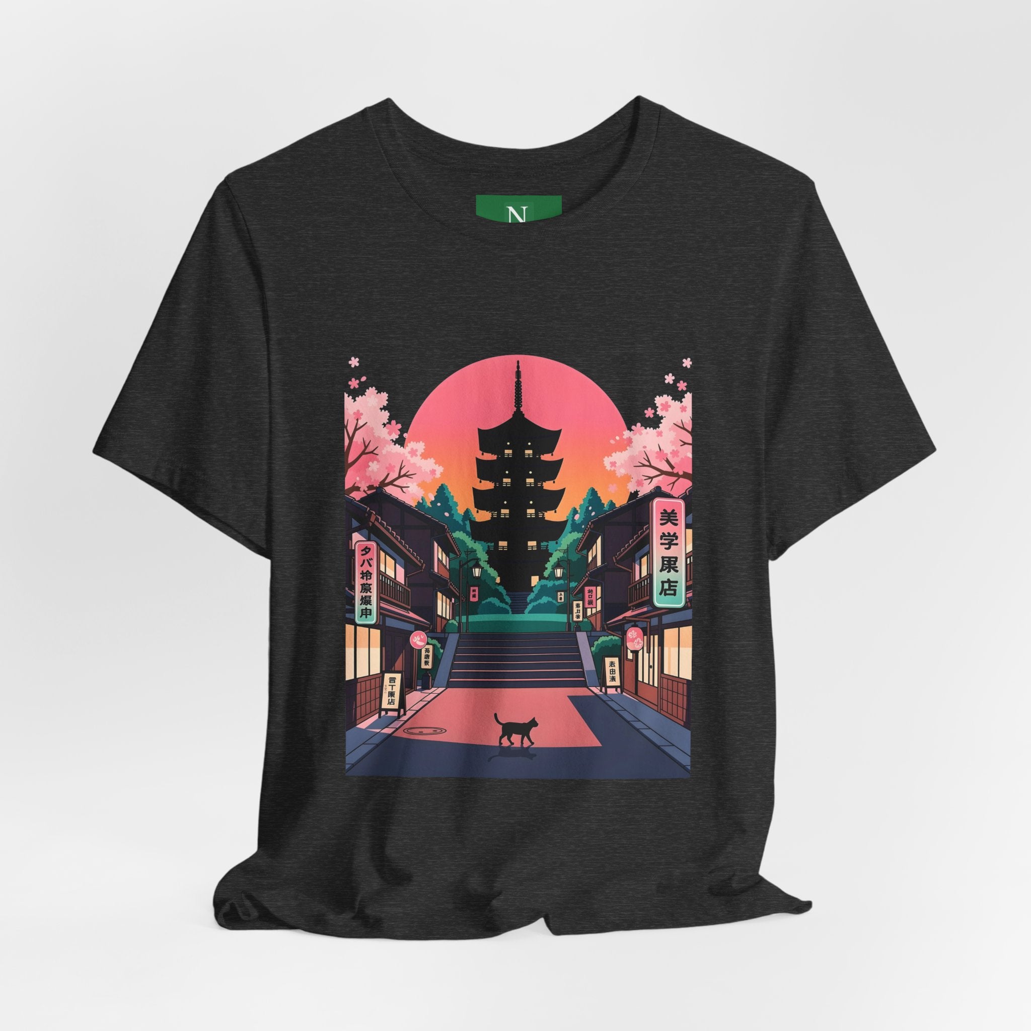Japanese Pagoda Sunset Tee — Sakura Street Cat Graphic T-Shirt