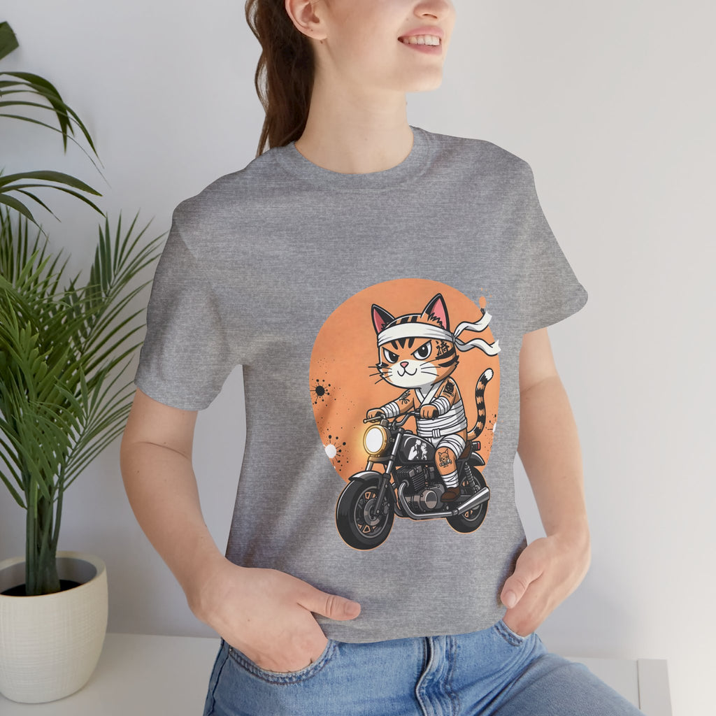 Retro Biker Cat T‑Shirt — Cute Motorcycle Cat Graphic Tee