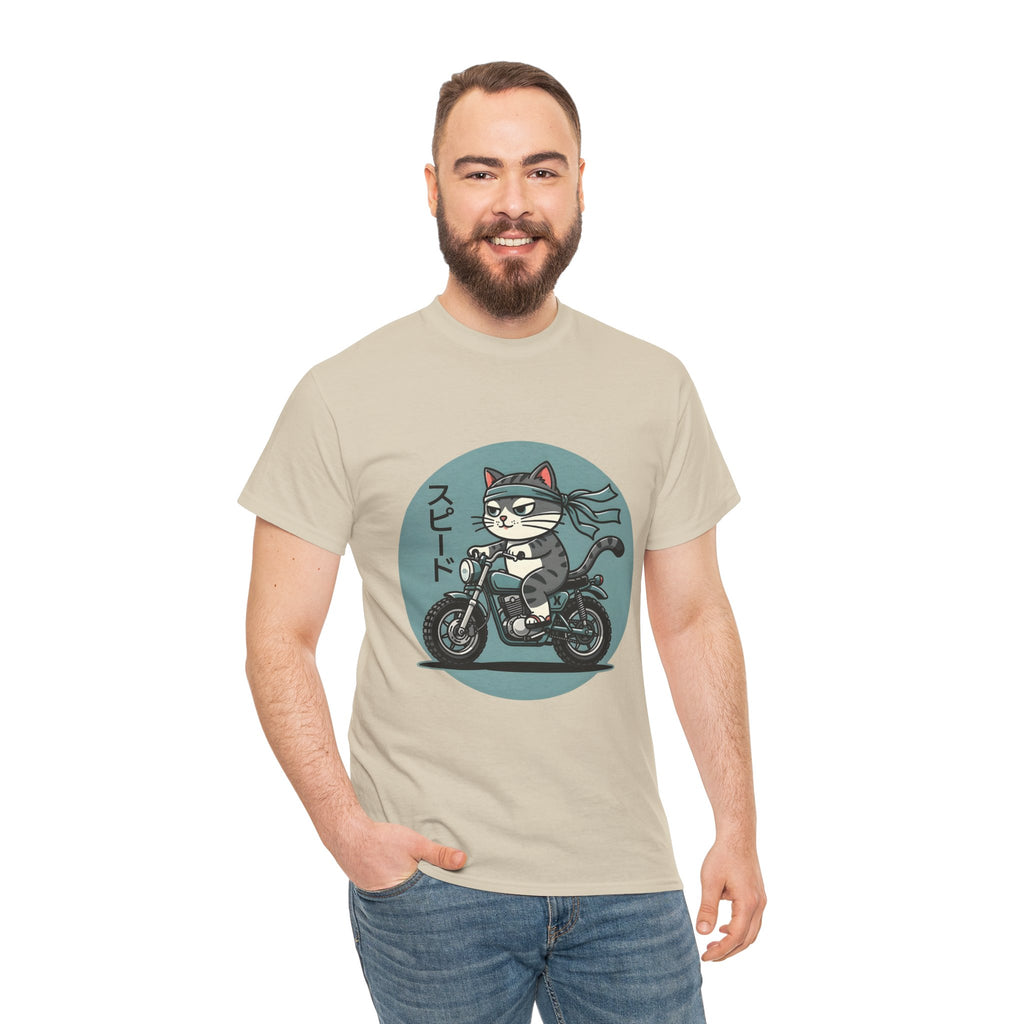 Cat Biker T‑Shirt — Retro Motorcycle Cat with Japanese “Speed” Text
