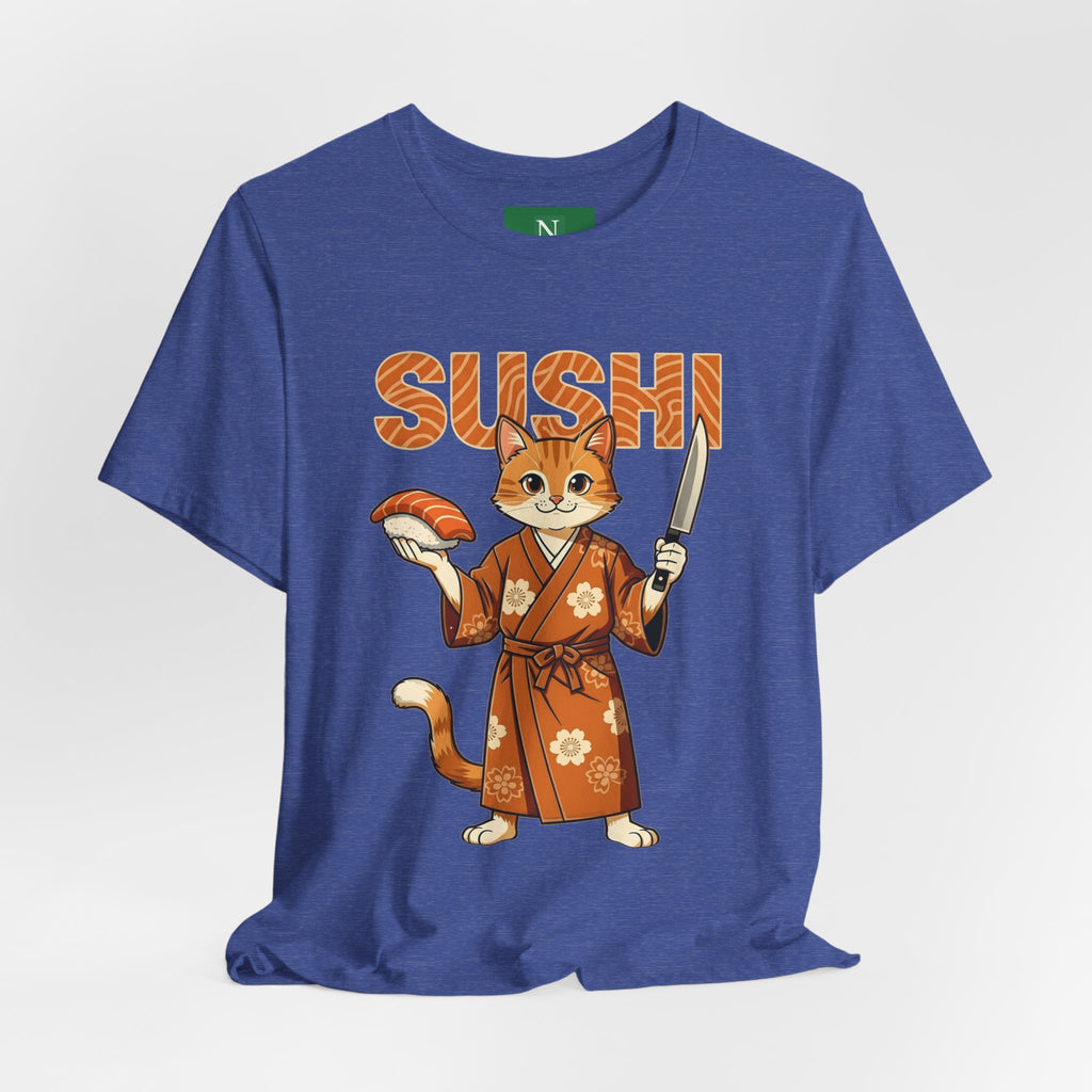 Sushi Cat Graphic Tee — Cute Samurai Cat Holding Sushi & Knife