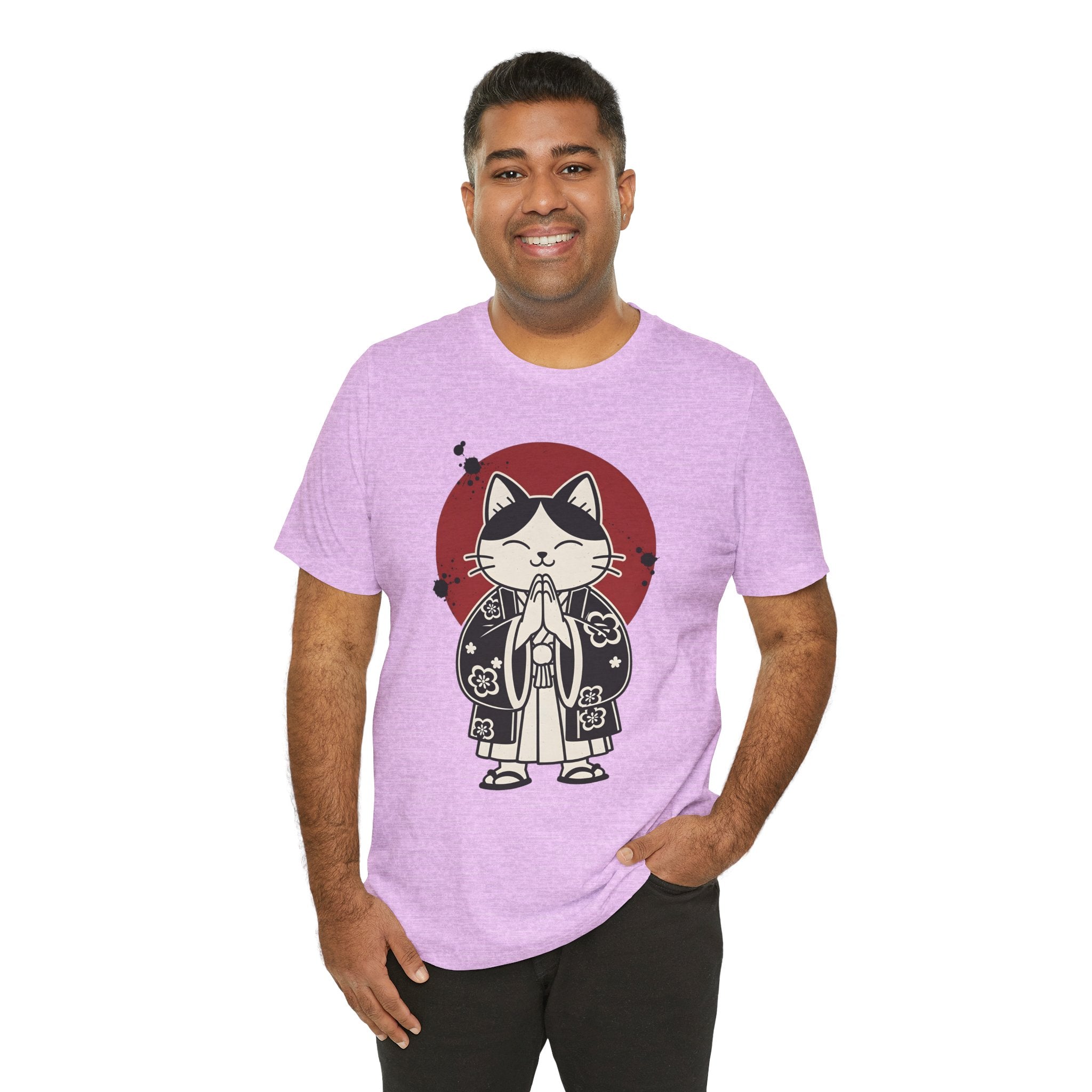 Samurai Cat T‑Shirt — Cute Praying Cat with Red Sun Graphic