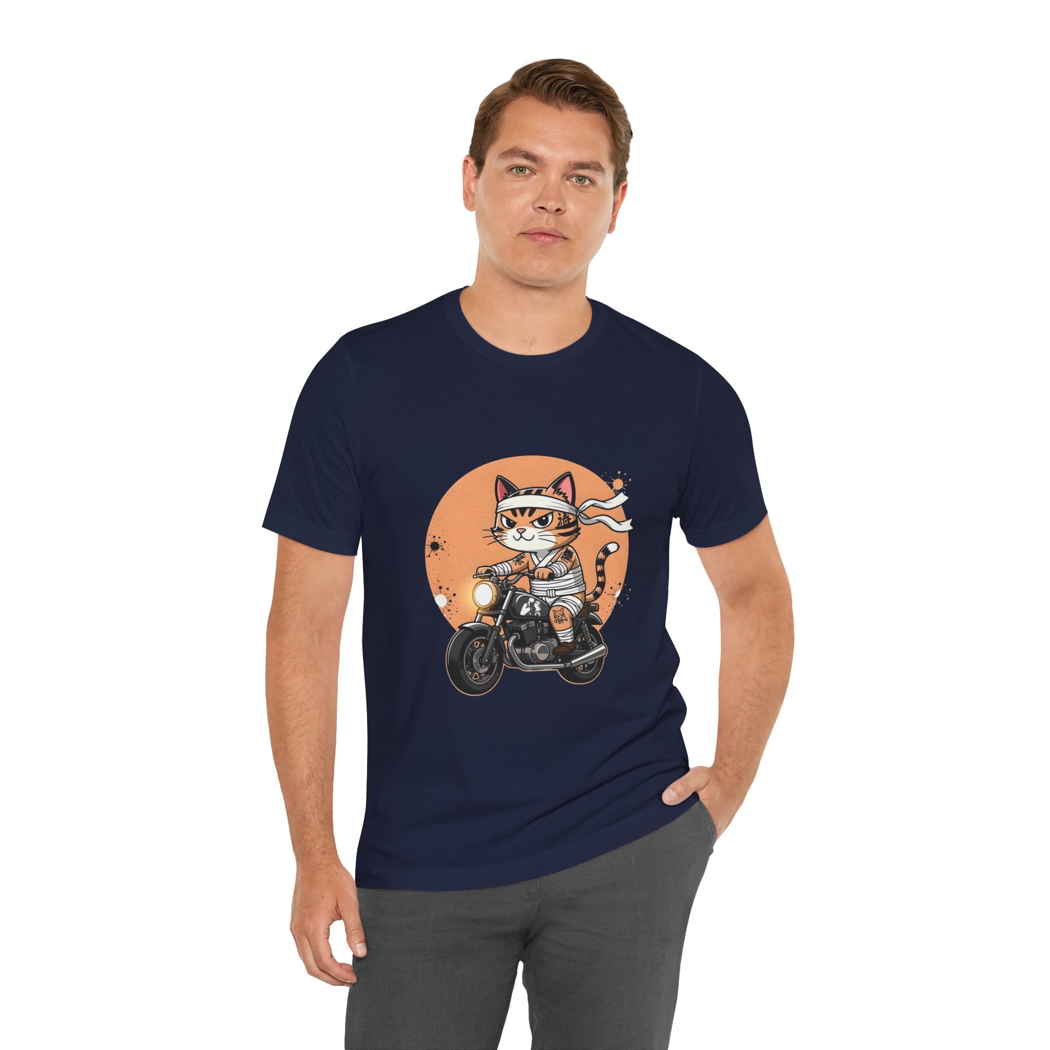 Retro Biker Cat T‑Shirt — Cute Motorcycle Cat Graphic Tee