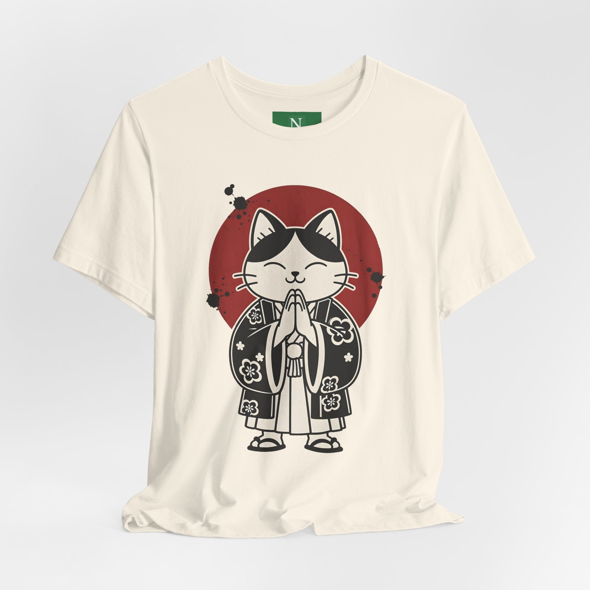 Samurai Cat T‑Shirt — Cute Praying Cat with Red Sun Graphic