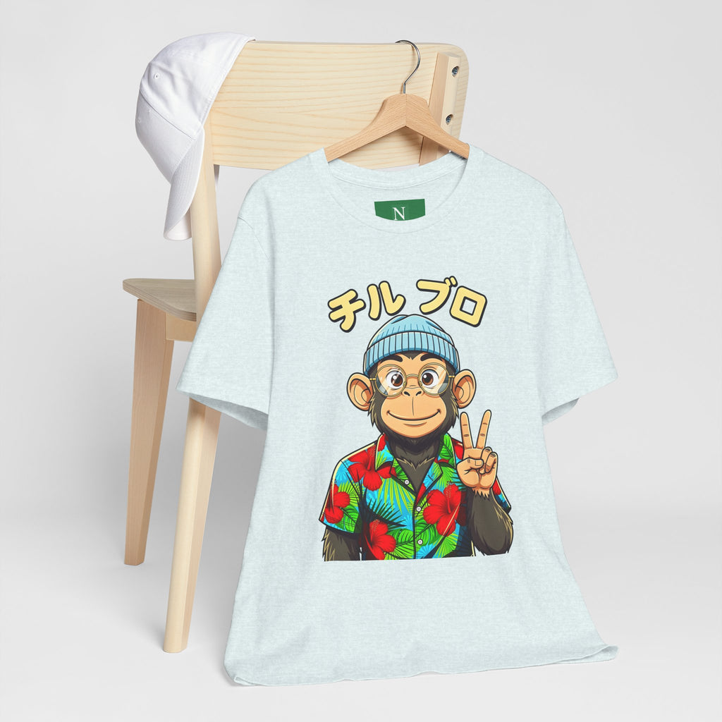 Monkey Peace Sign Tee — Hawaiian Shirt Chimp Graphic with Japanese Text