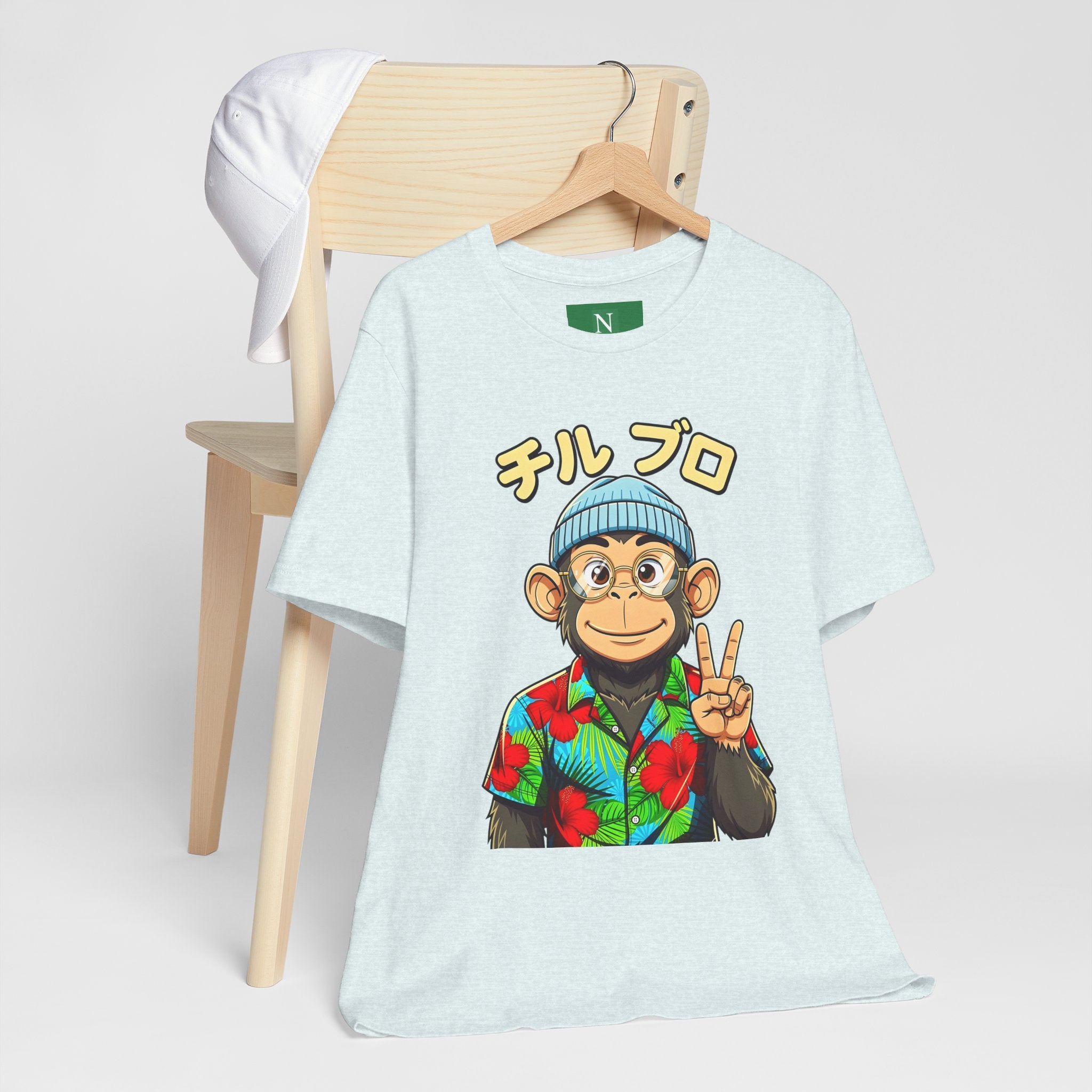 Monkey Peace Sign Tee — Hawaiian Shirt Chimp Graphic with Japanese Text
