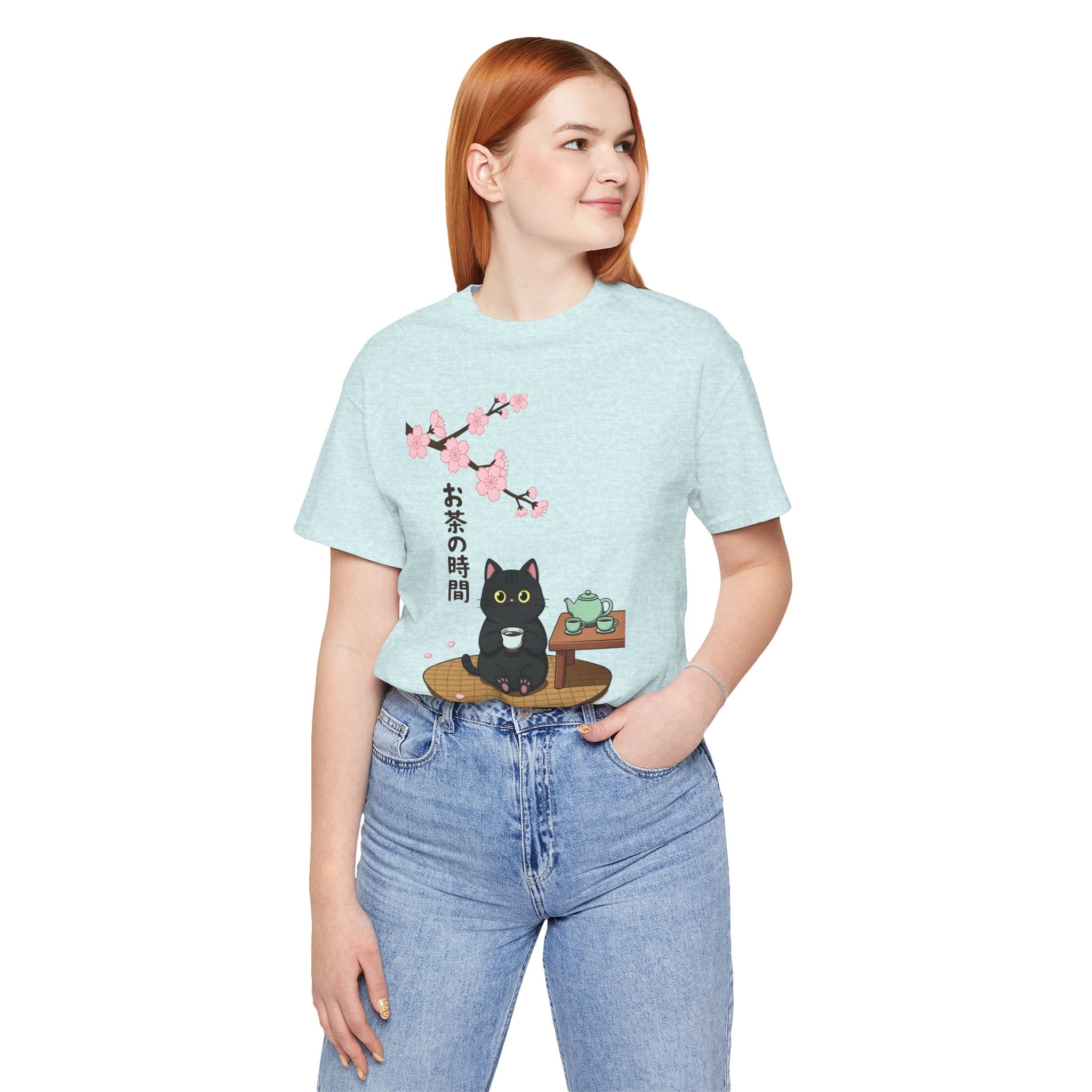 Cat Tea Time T-Shirt — Kawaii Black Cat with Sakura and Teapot