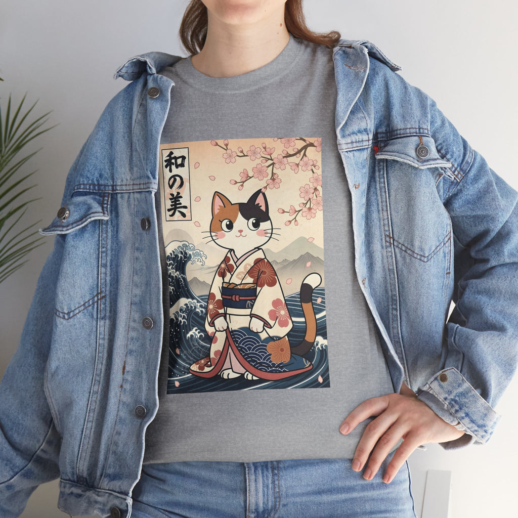Cat Ukiyo-e T-Shirt — Vintage Japanese Kimono Cat with Cherry Blossoms