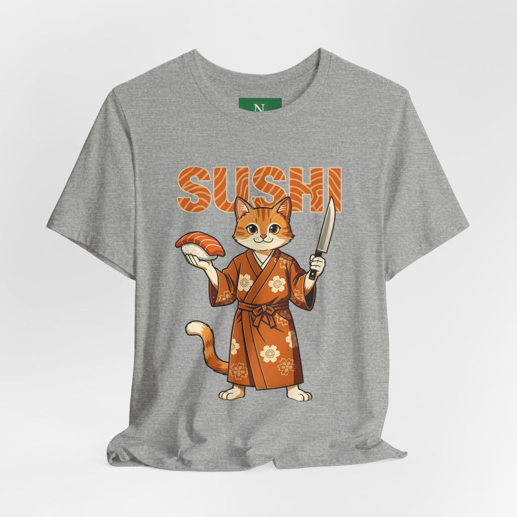 Sushi Cat Graphic Tee — Cute Samurai Cat Holding Sushi & Knife