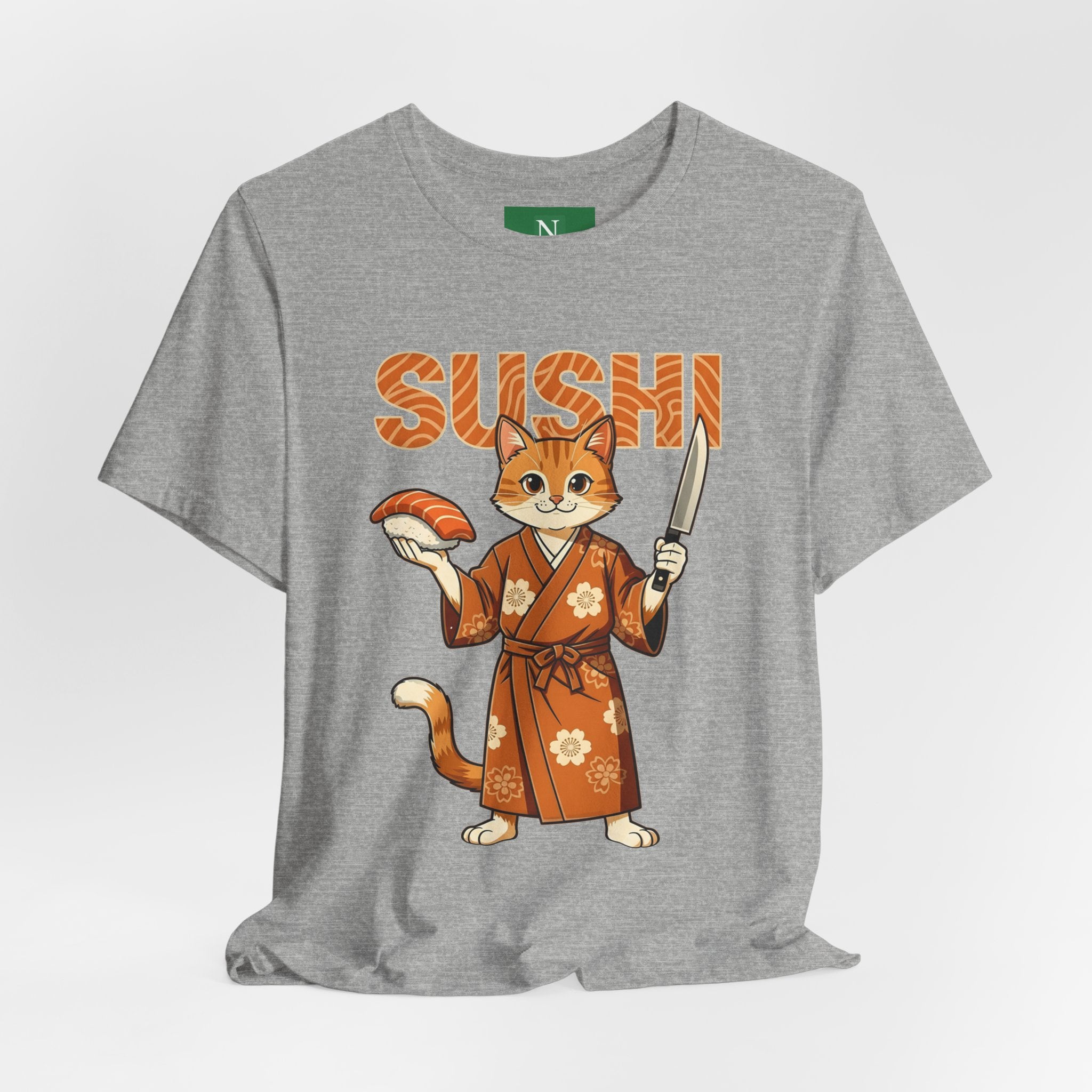 Sushi Cat Graphic Tee — Cute Samurai Cat Holding Sushi & Knife