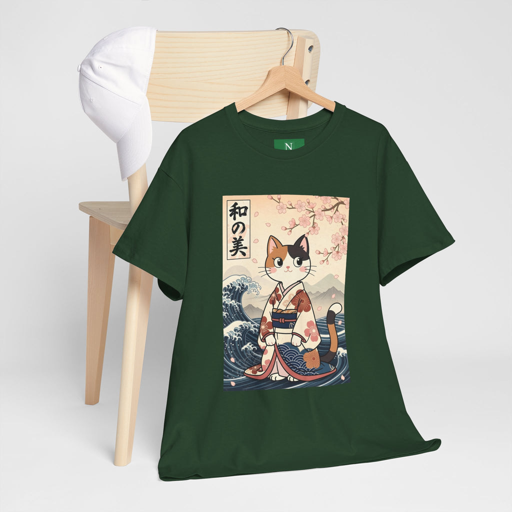 Cat Ukiyo-e T-Shirt — Vintage Japanese Kimono Cat with Cherry Blossoms