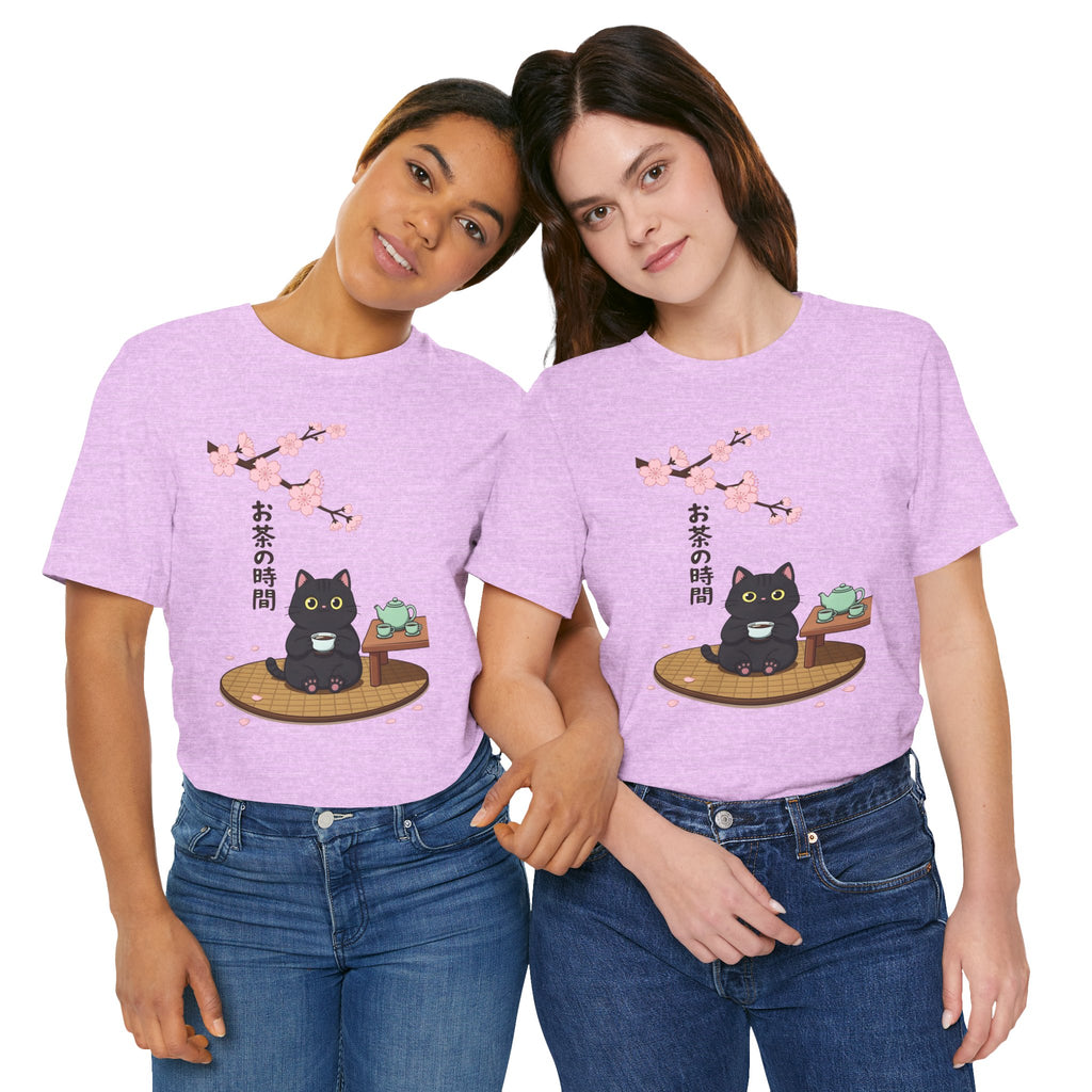 Cat Tea Time T-Shirt — Kawaii Black Cat with Sakura and Teapot