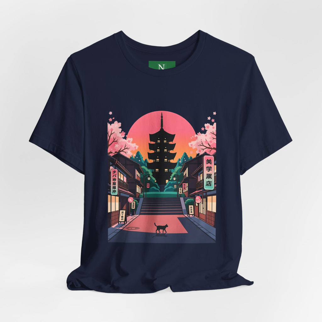 Japanese Pagoda Sunset Tee — Sakura Street Cat Graphic T-Shirt